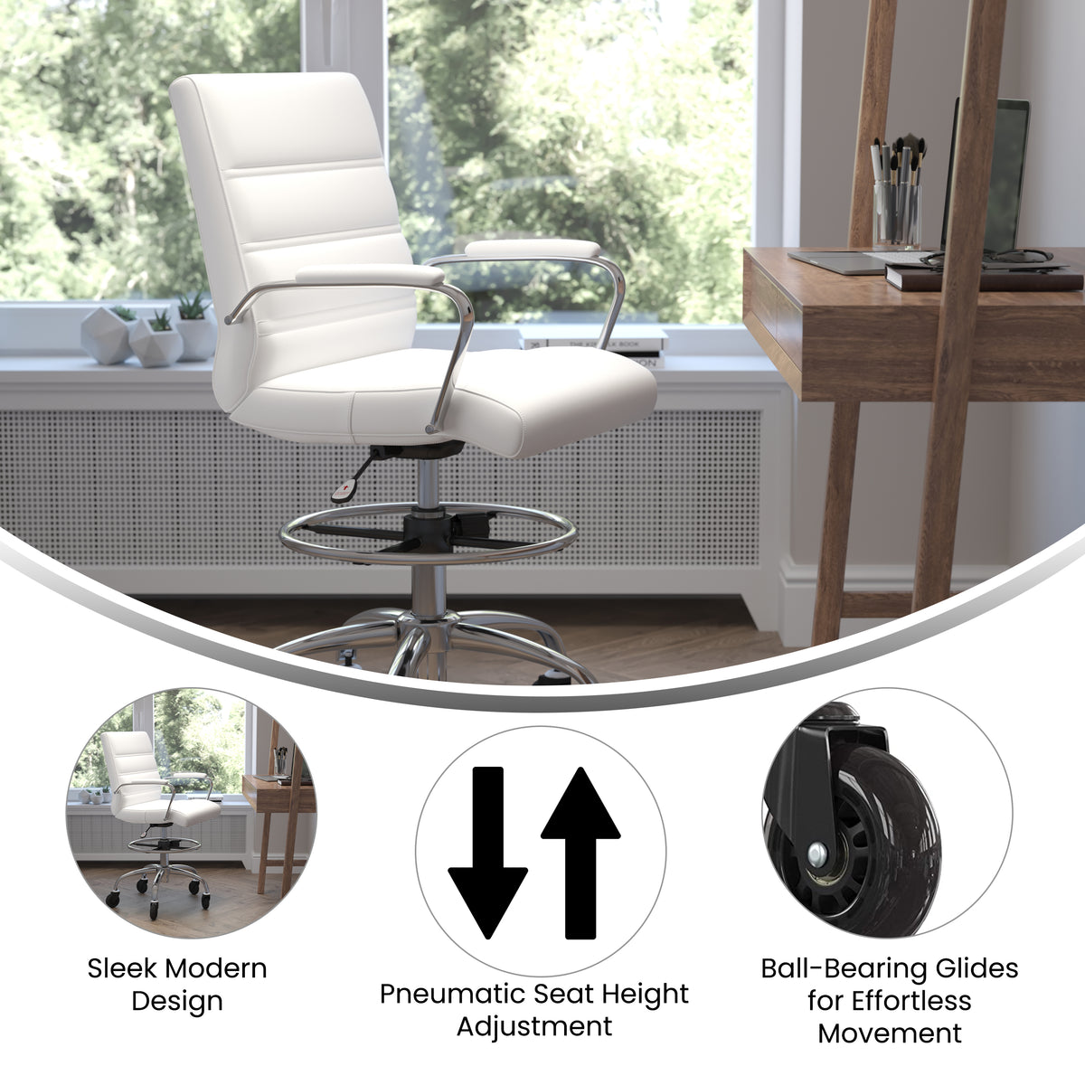 Lexi Mid-Back Drafting Chair with Adjustable Foot Ring, Chrome Base, and Transparent Roller Wheels