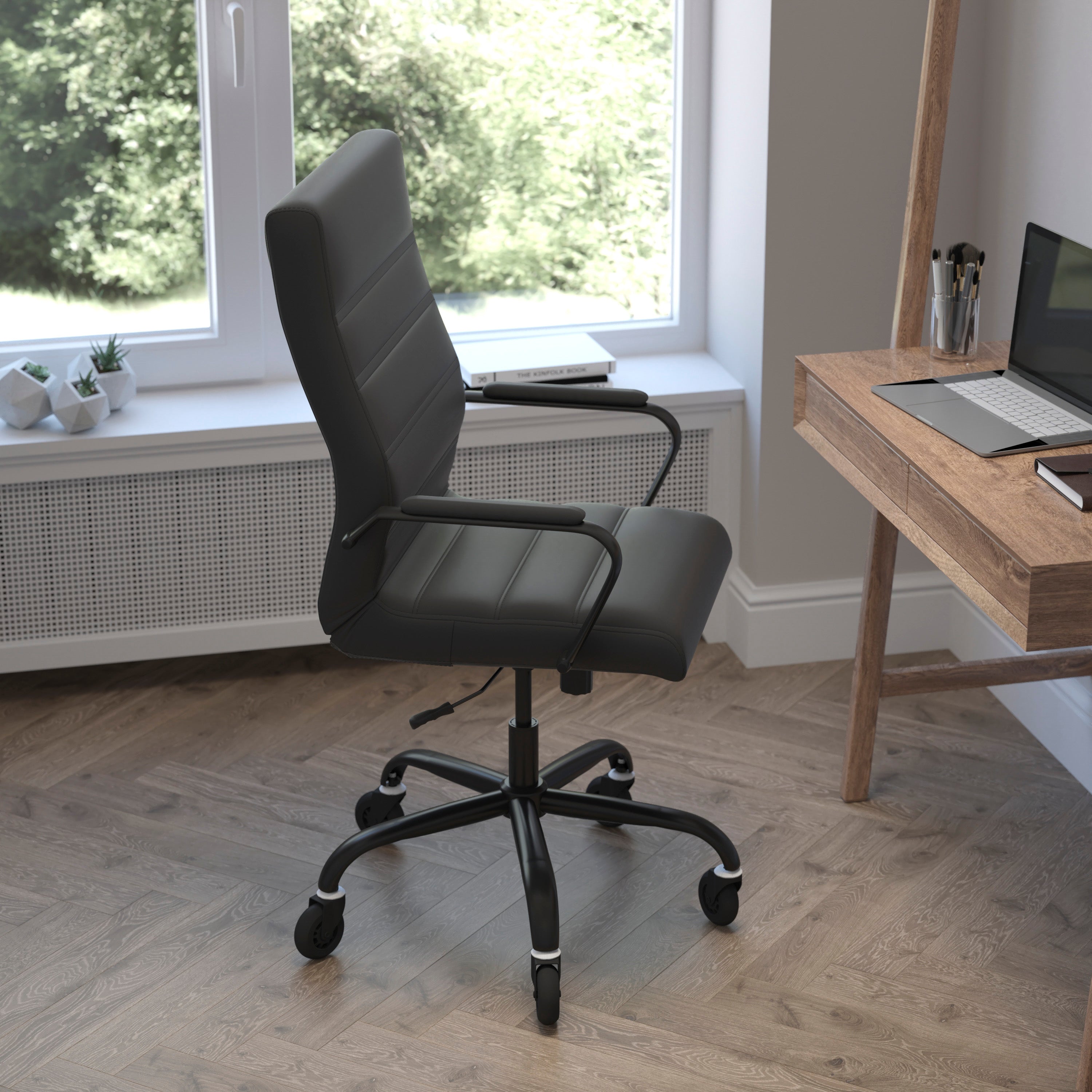 Whitney High Back Executive Swivel Office Chair with Black Frame, Arms, and Transparent Roller Wheels
