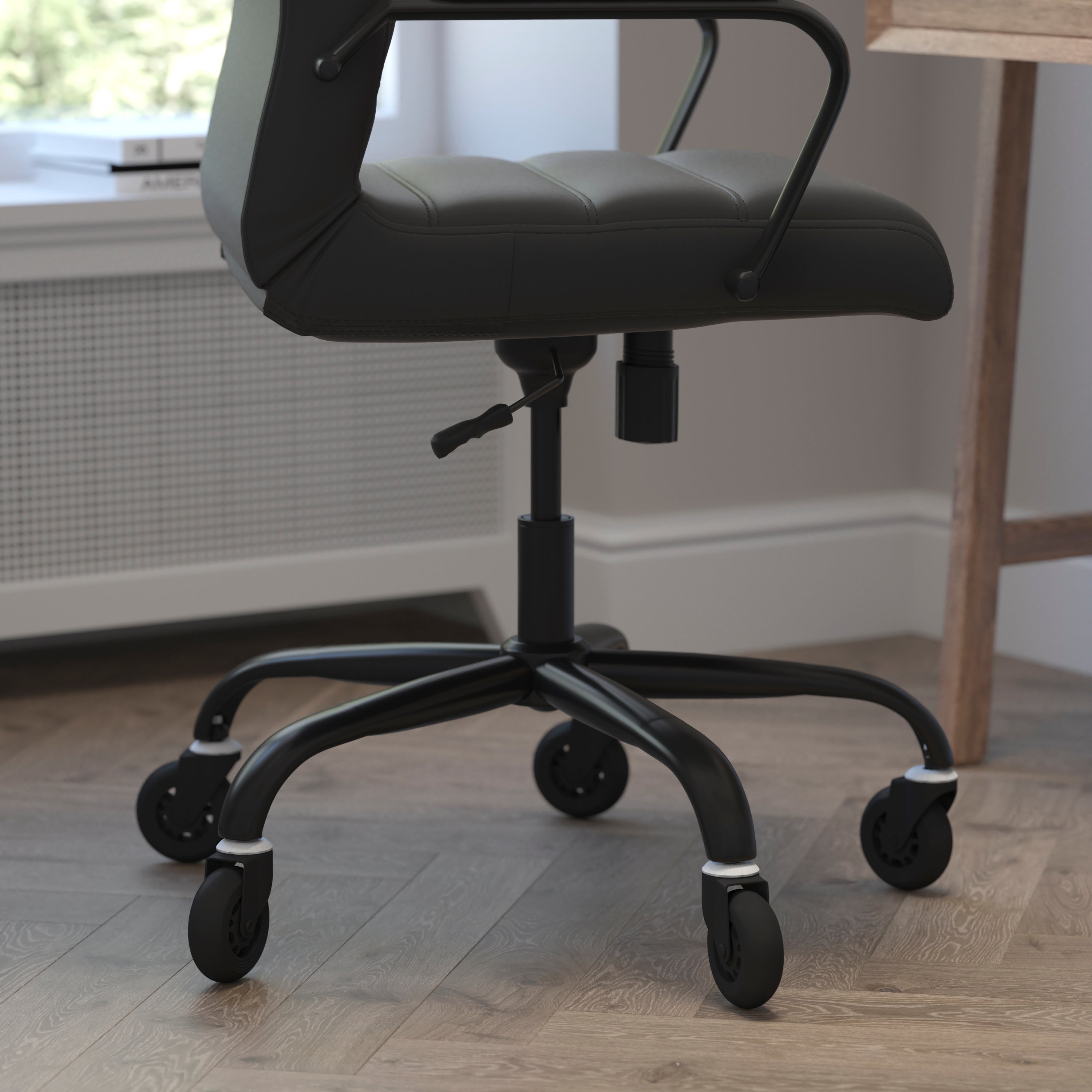 Whitney High Back Executive Swivel Office Chair with Black Frame, Arms, and Transparent Roller Wheels