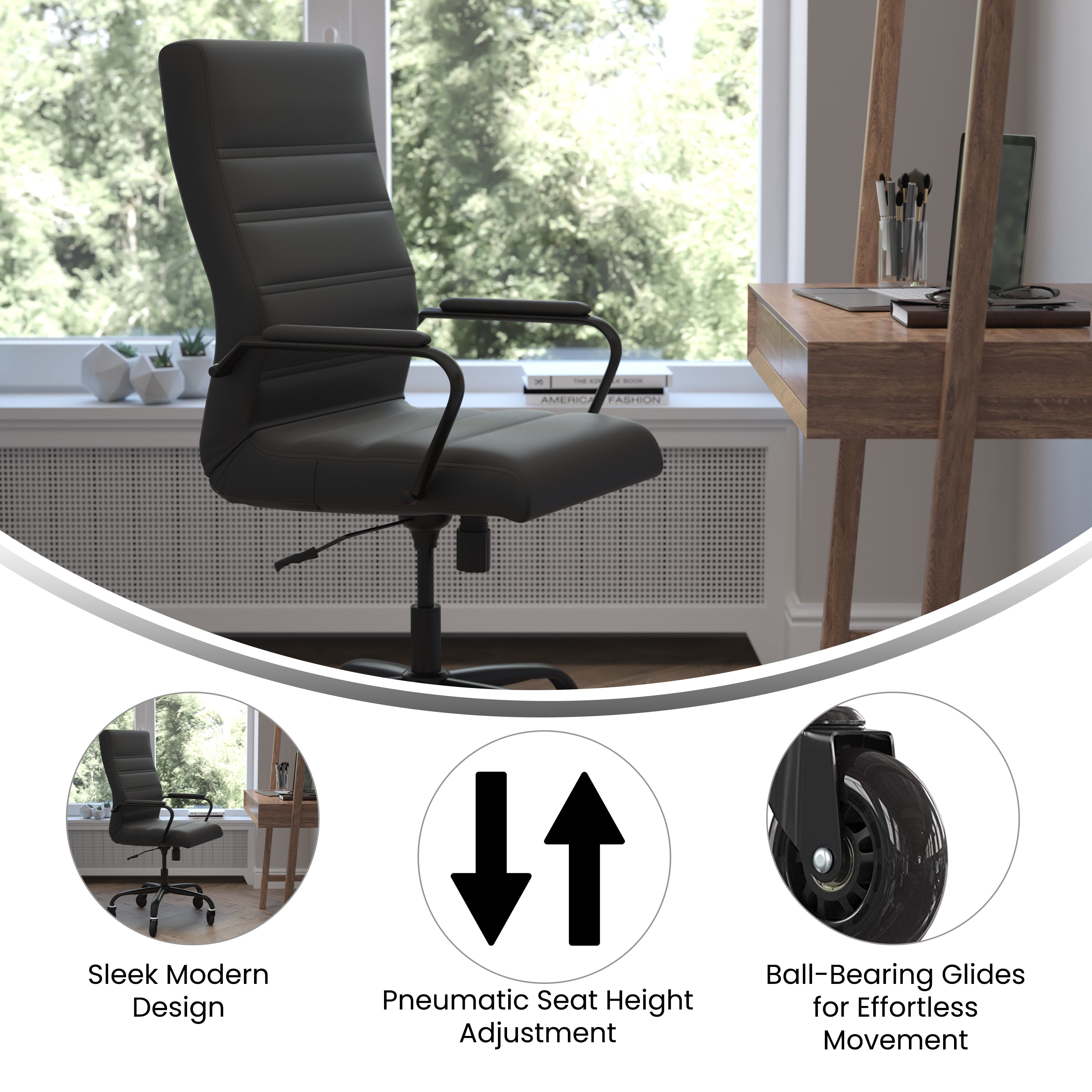 Whitney High Back Executive Swivel Office Chair with Black Frame, Arms, and Transparent Roller Wheels
