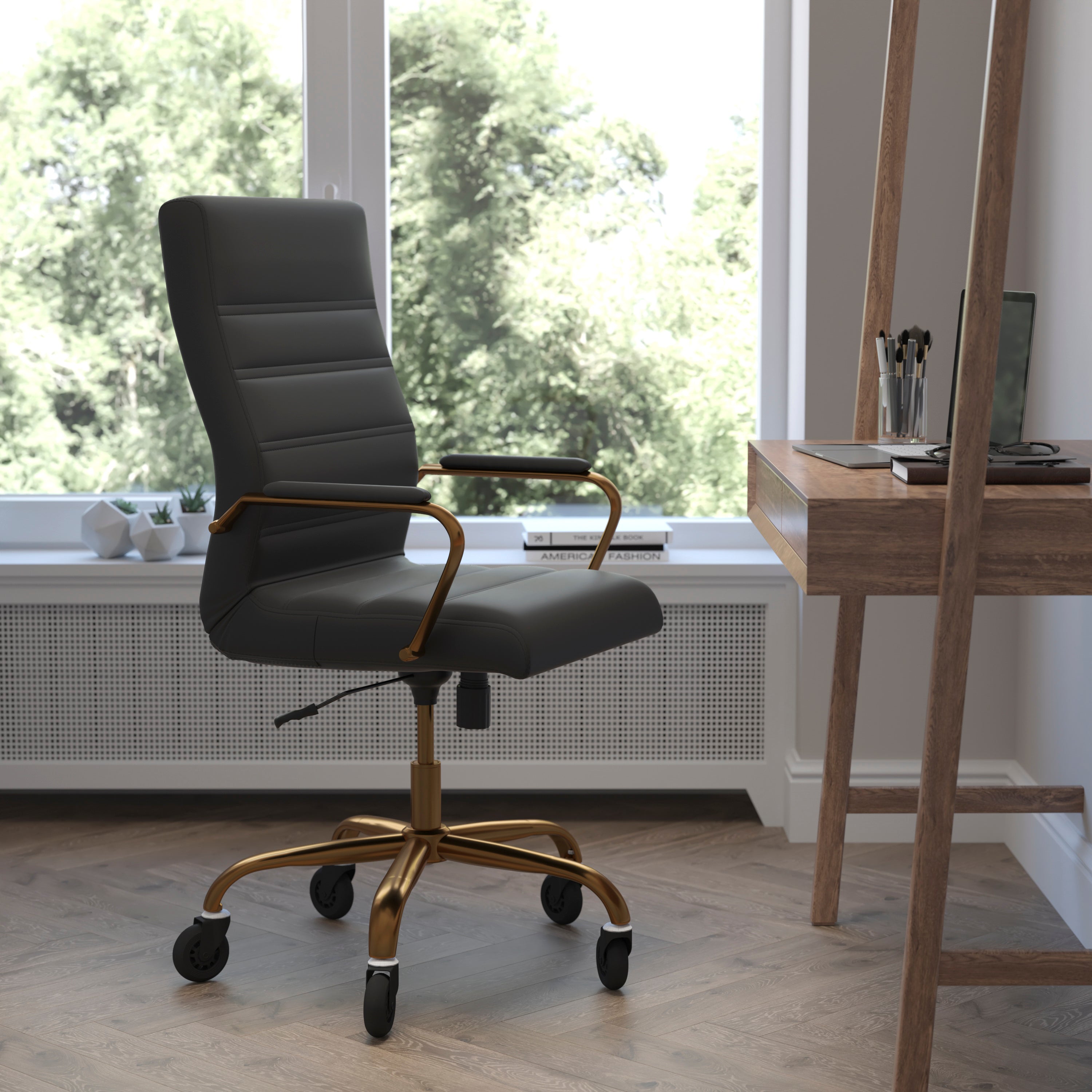 Whitney High Back Executive Swivel Office Chair with Black Frame, Arms, and Transparent Roller Wheels