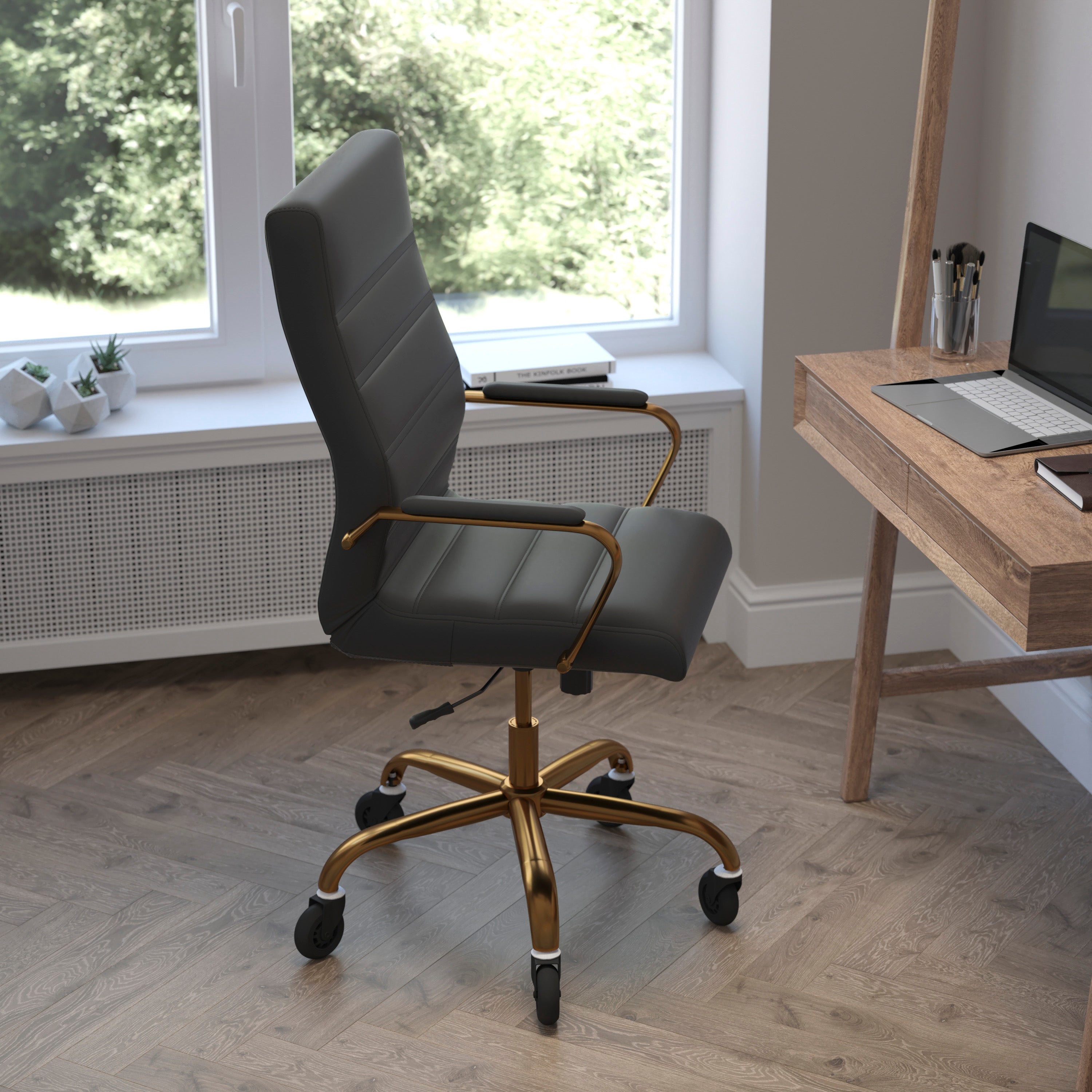 Whitney High Back Executive Swivel Office Chair with Black Frame, Arms, and Transparent Roller Wheels