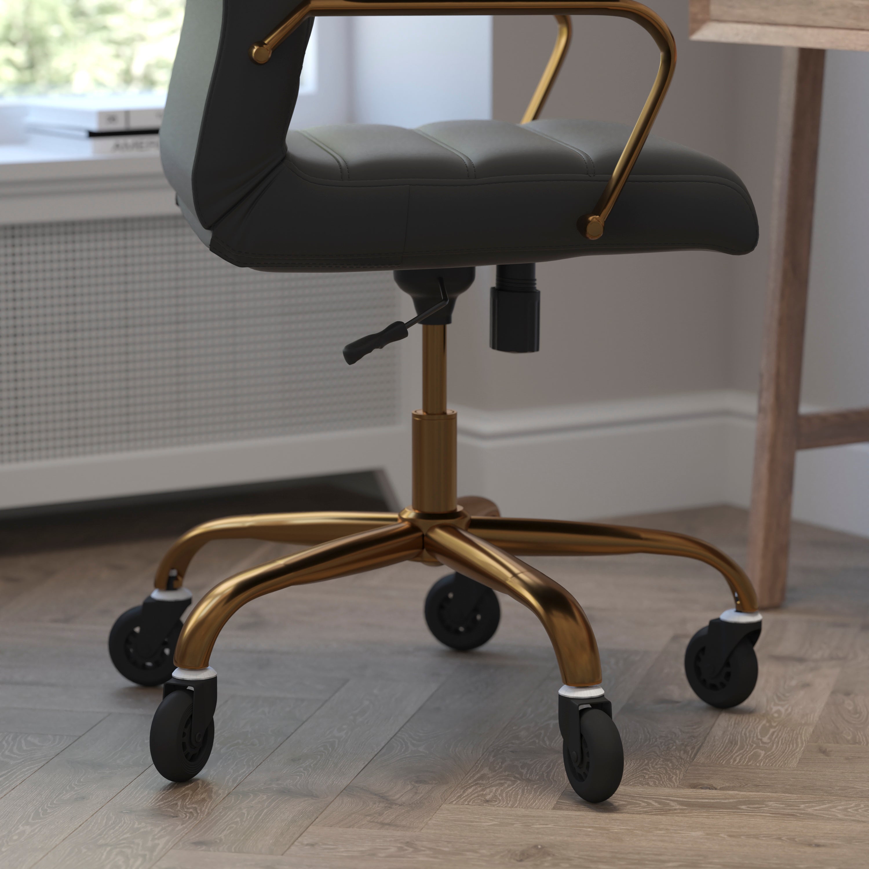 Whitney High Back Executive Swivel Office Chair with Black Frame, Arms, and Transparent Roller Wheels