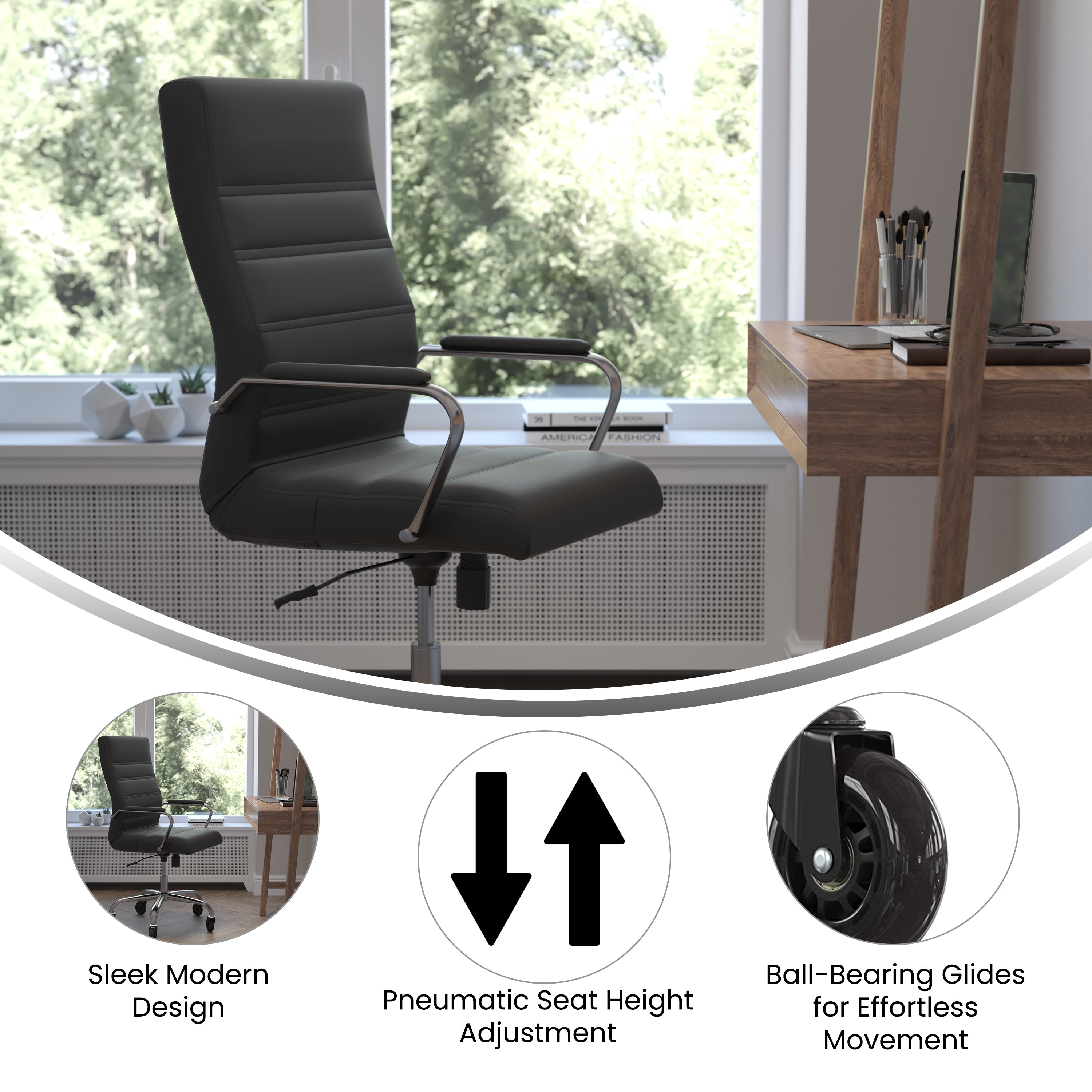 Whitney High Back Executive Swivel Office Chair with Black Frame, Arms, and Transparent Roller Wheels