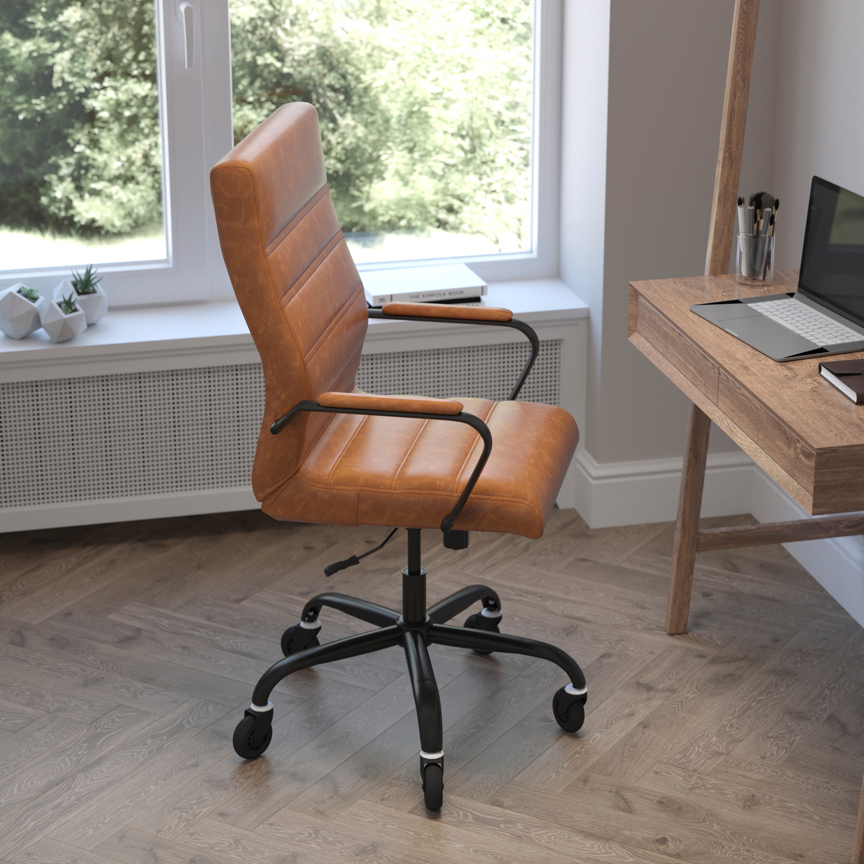 Whitney High Back Executive Swivel Office Chair with Black Frame, Arms, and Transparent Roller Wheels
