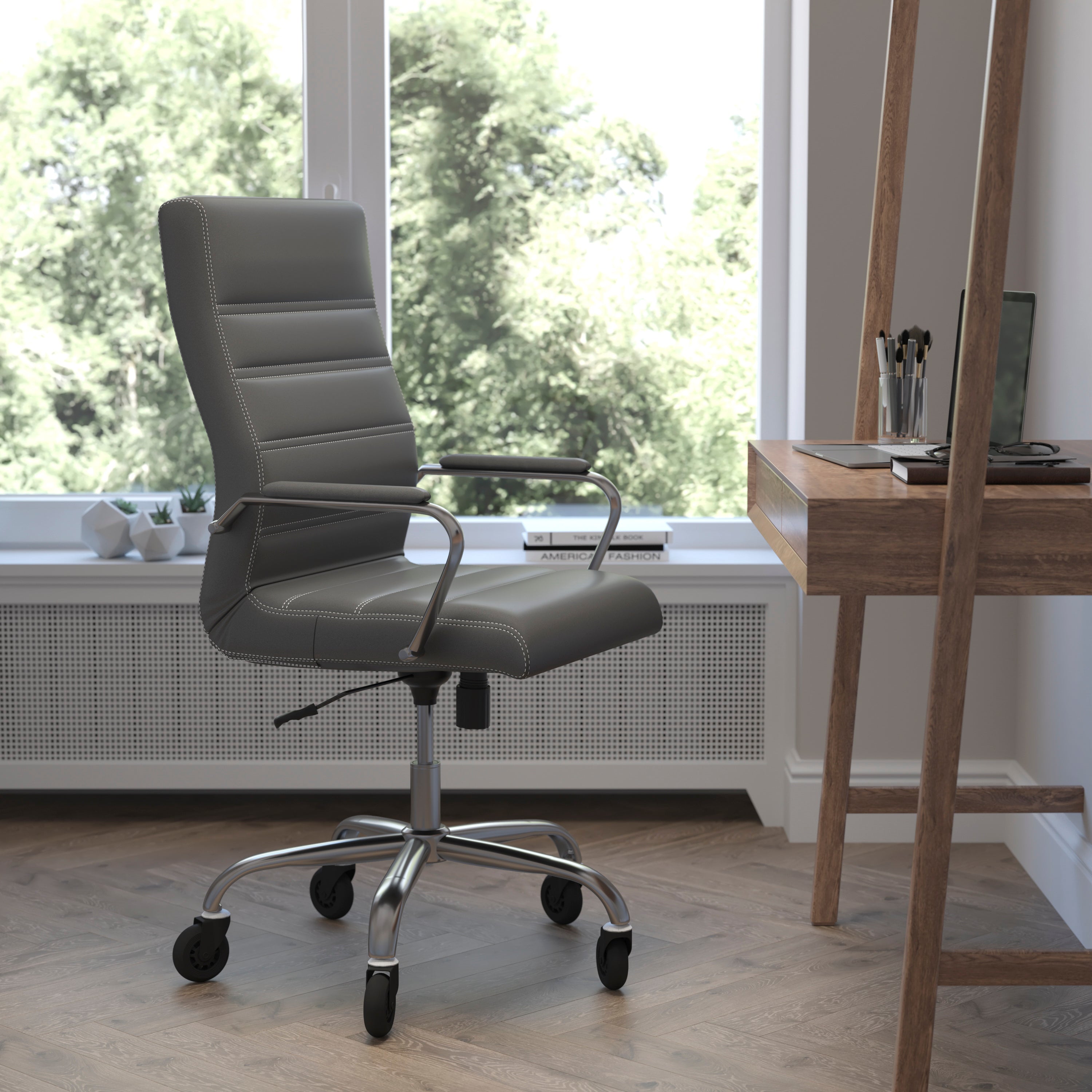 Whitney High Back Executive Swivel Office Chair with Black Frame, Arms, and Transparent Roller Wheels