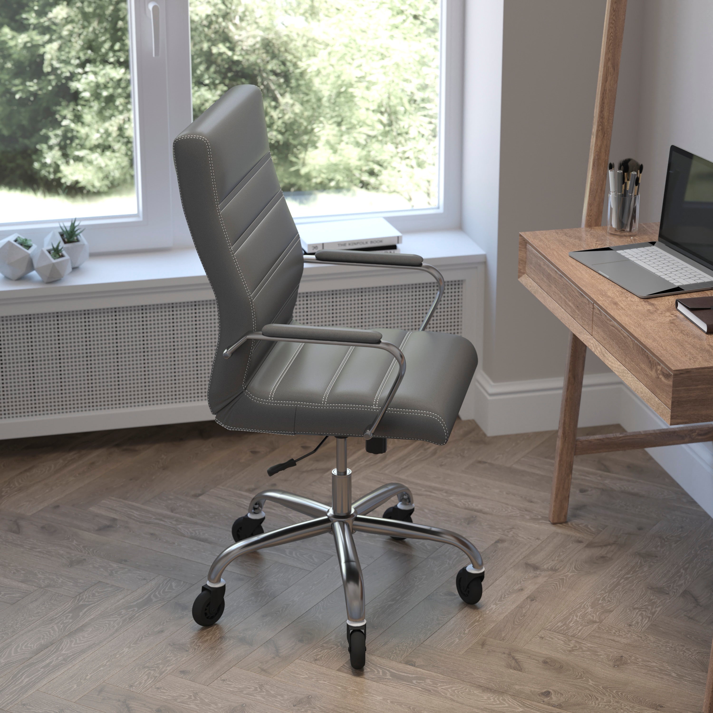 Whitney High Back Executive Swivel Office Chair with Black Frame, Arms, and Transparent Roller Wheels