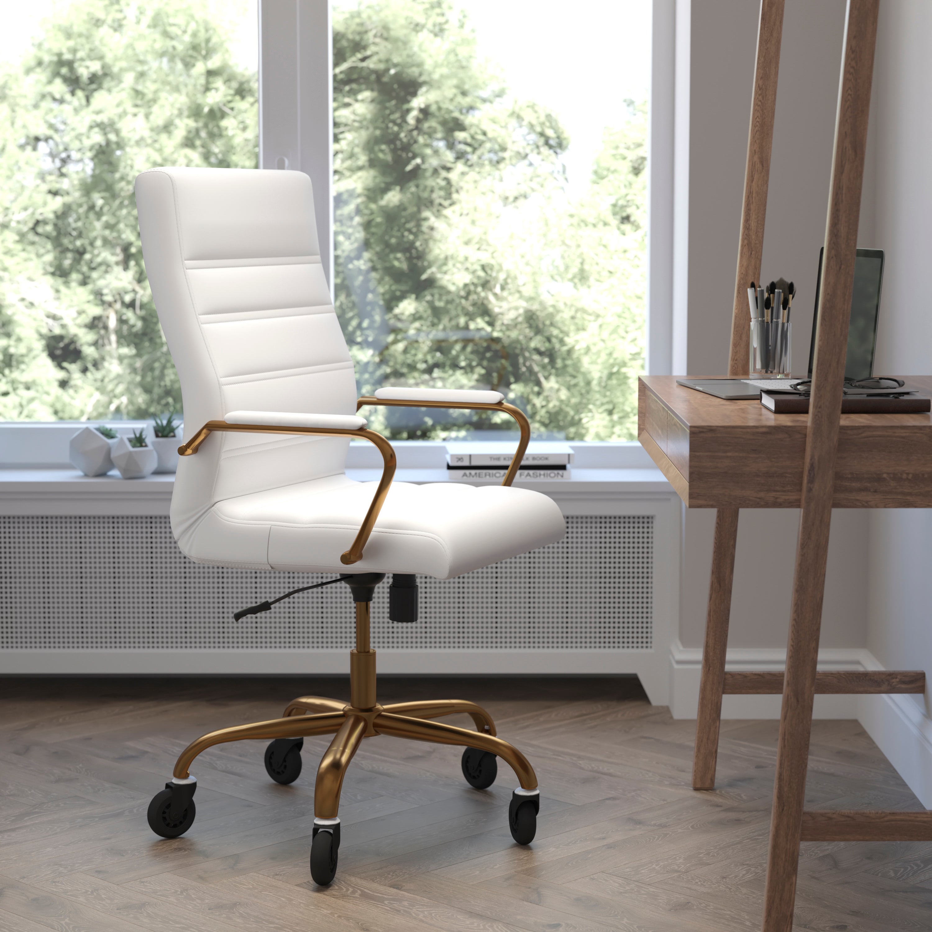 Whitney High Back Executive Swivel Office Chair with Black Frame, Arms, and Transparent Roller Wheels