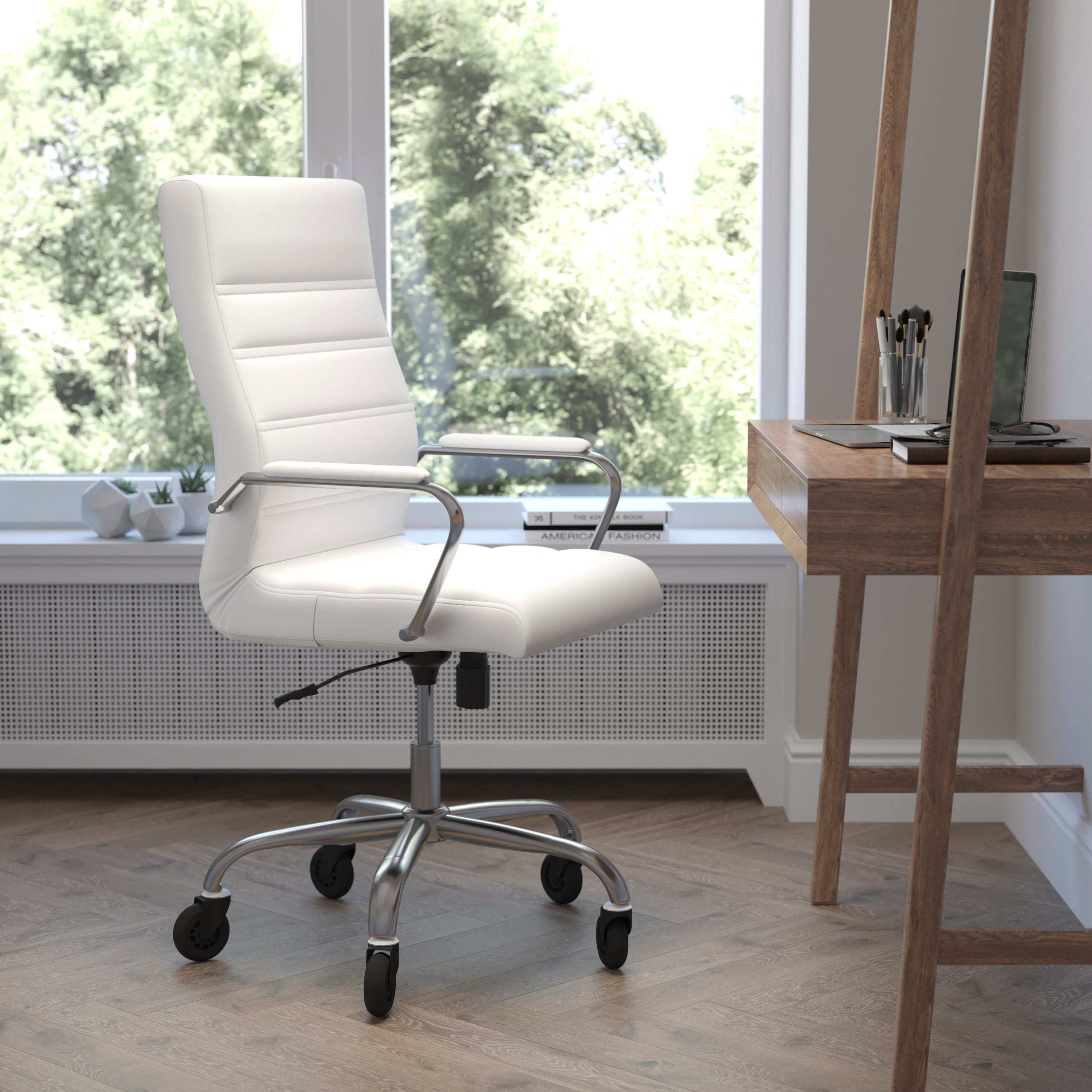 Whitney High Back Executive Swivel Office Chair with Black Frame, Arms, and Transparent Roller Wheels