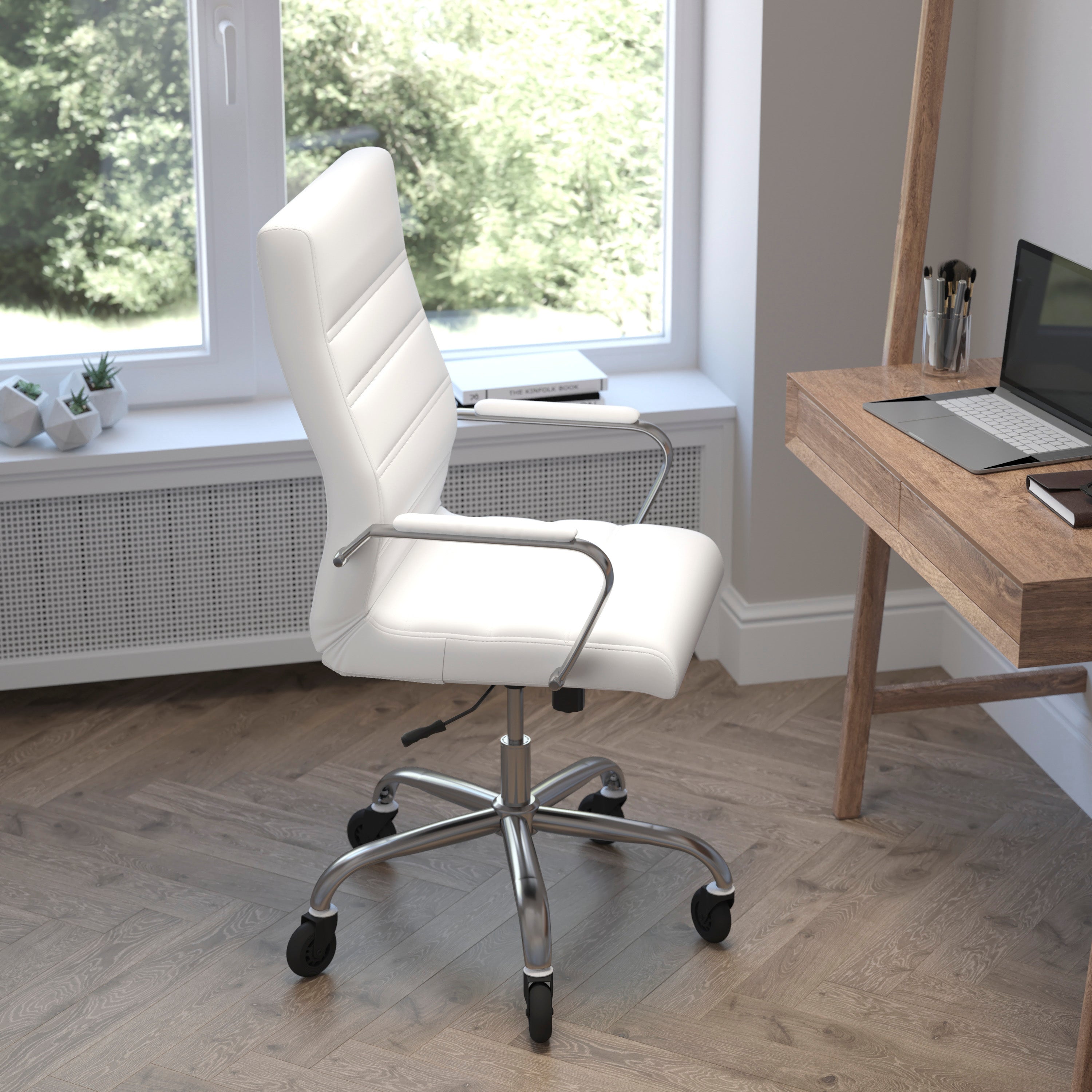 Whitney High Back Executive Swivel Office Chair with Black Frame, Arms, and Transparent Roller Wheels