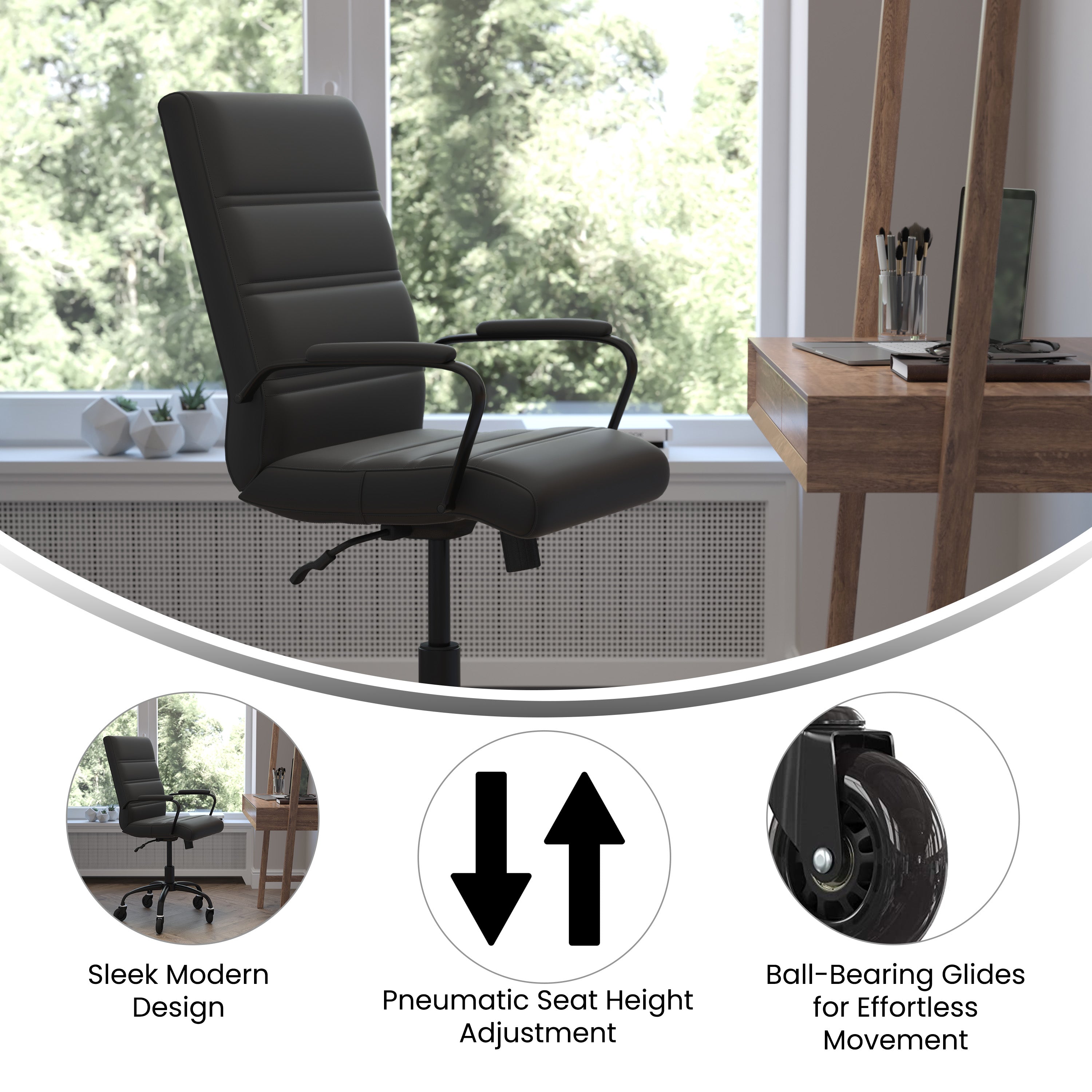 Camilia Mid-Back Executive Swivel Office Chair with Arms, and Transparent Roller Wheels