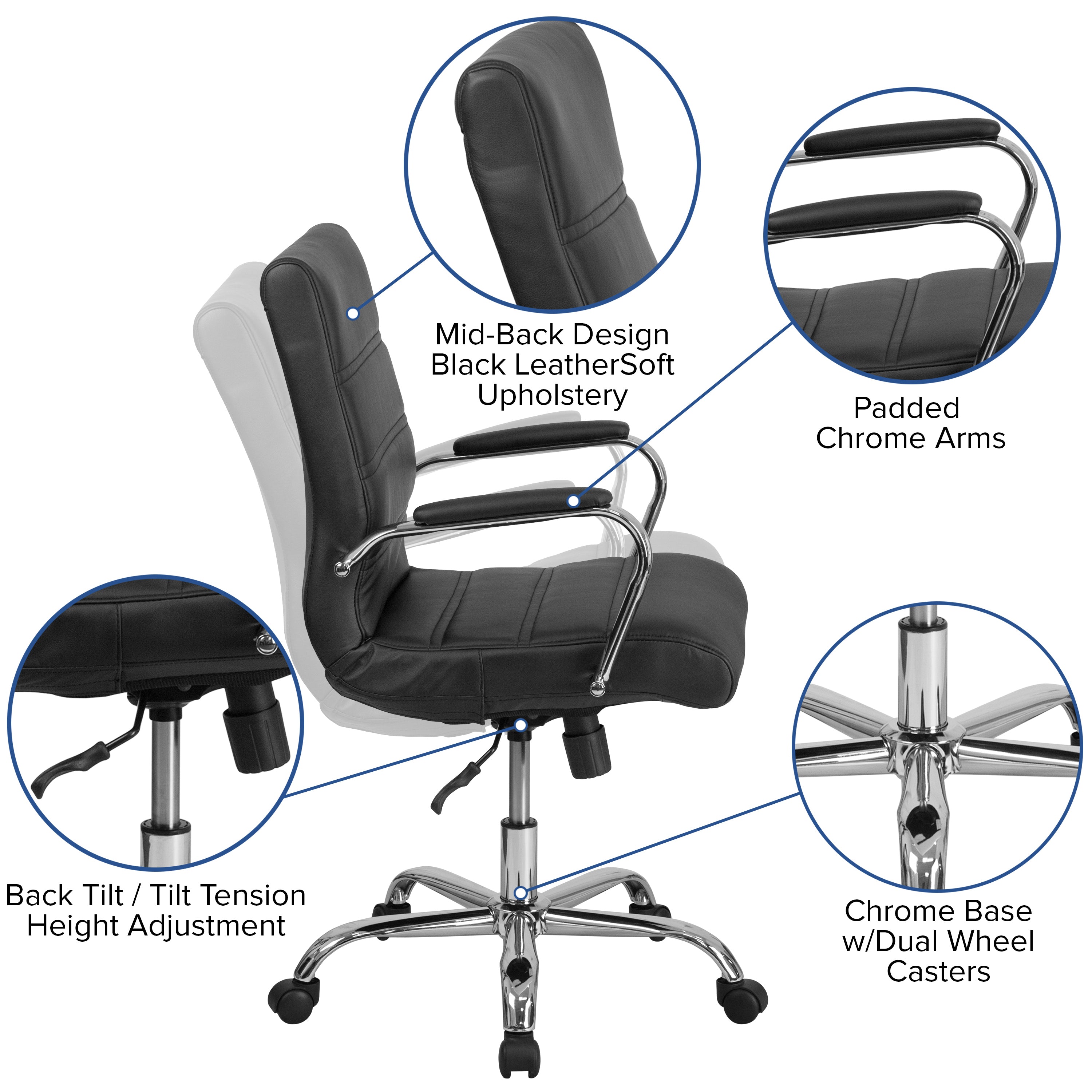 Mid-Back Executive Swivel Office Chair with Metal Frame and Arms
