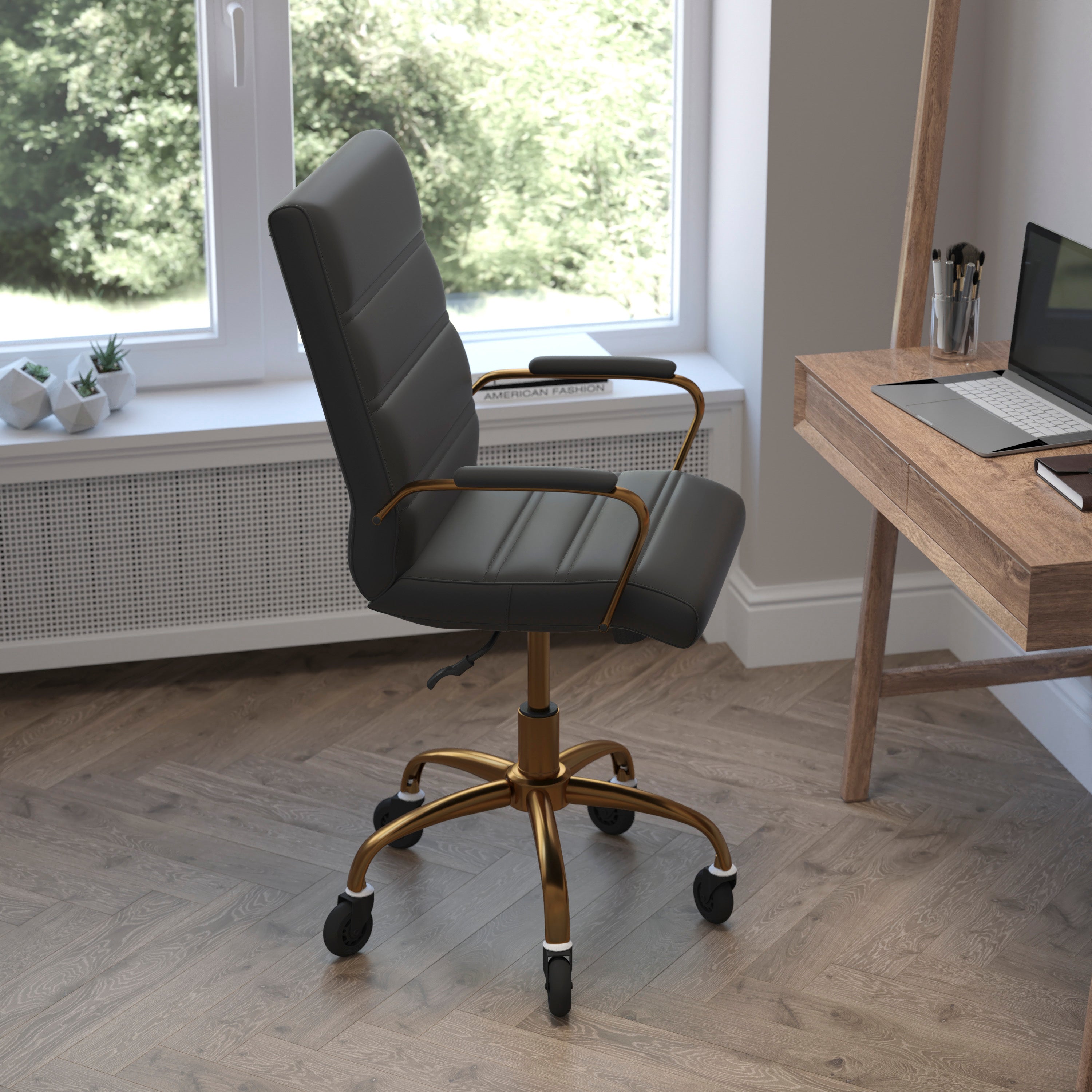 Camilia Mid-Back Executive Swivel Office Chair with Arms, and Transparent Roller Wheels