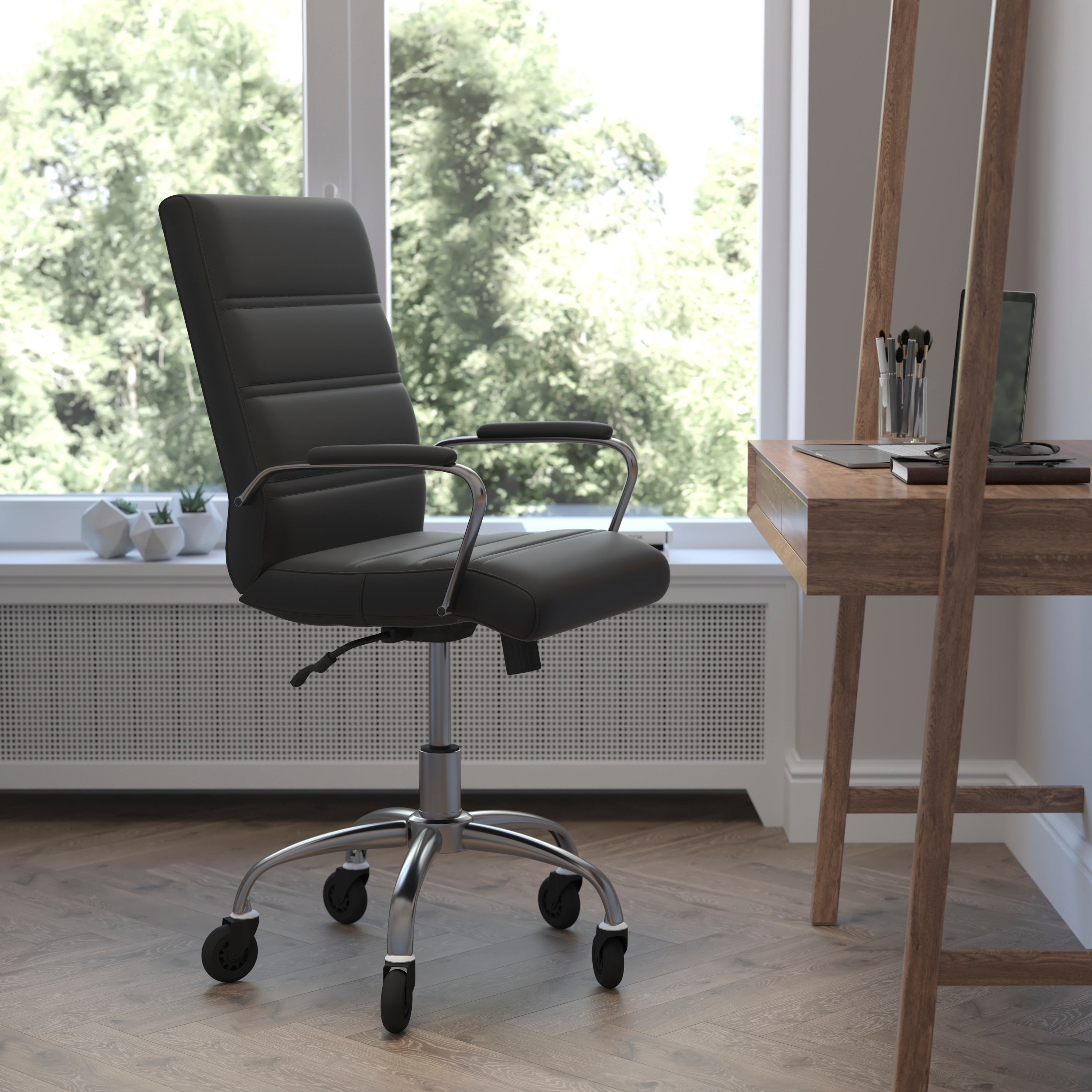 Camilia Mid-Back Executive Swivel Office Chair with Arms, and Transparent Roller Wheels