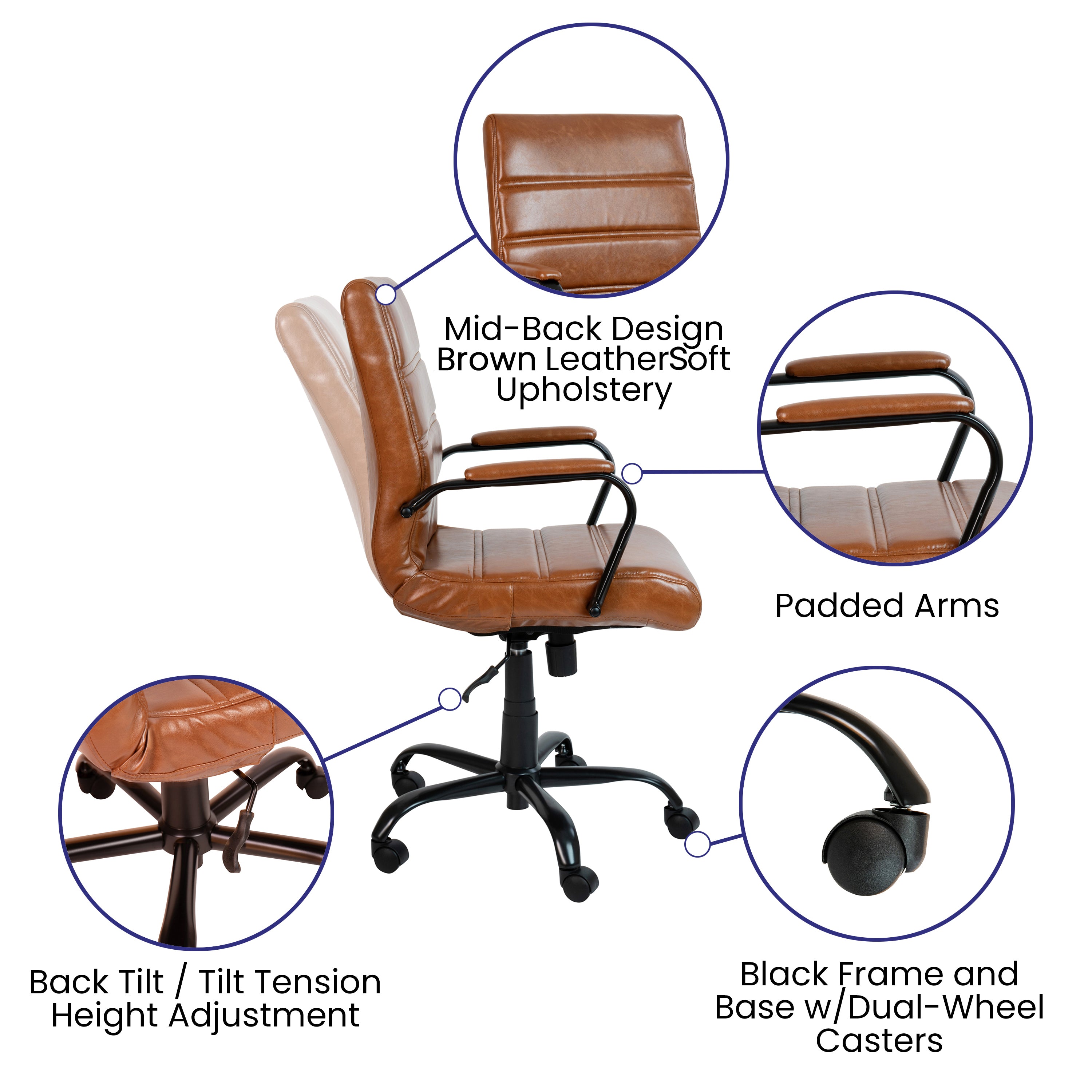 Mid-Back Executive Swivel Office Chair with Metal Frame and Arms