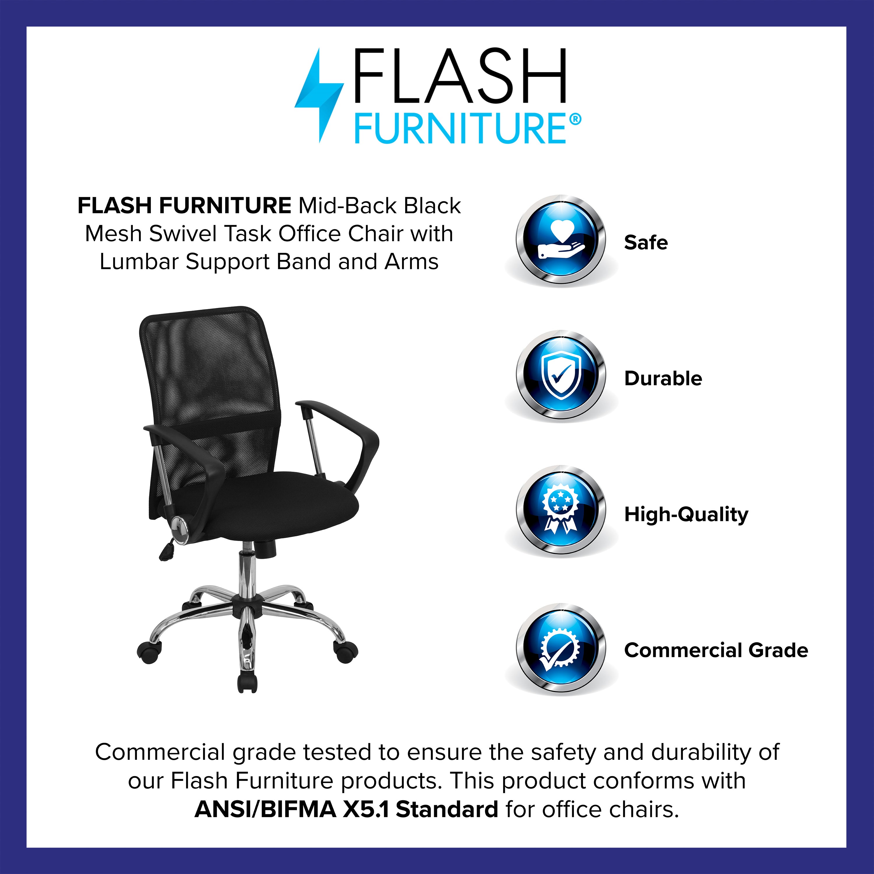 Mid-Back Mesh Swivel Task Office Chair with Lumbar Support Band and Arms