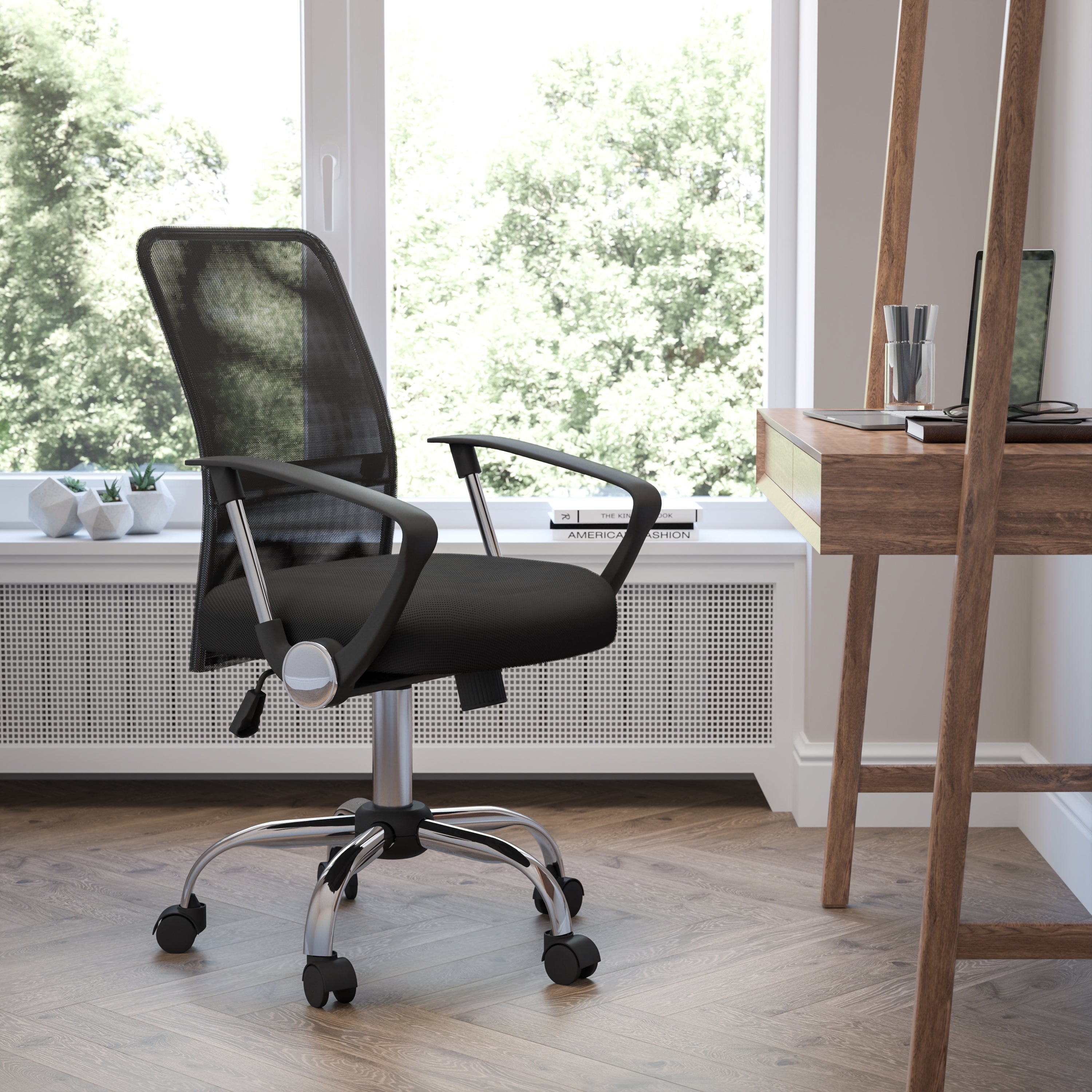 Mid-Back Mesh Swivel Task Office Chair with Lumbar Support Band and Arms-Office Chair-Flash Furniture-Wall2Wall Furnishings