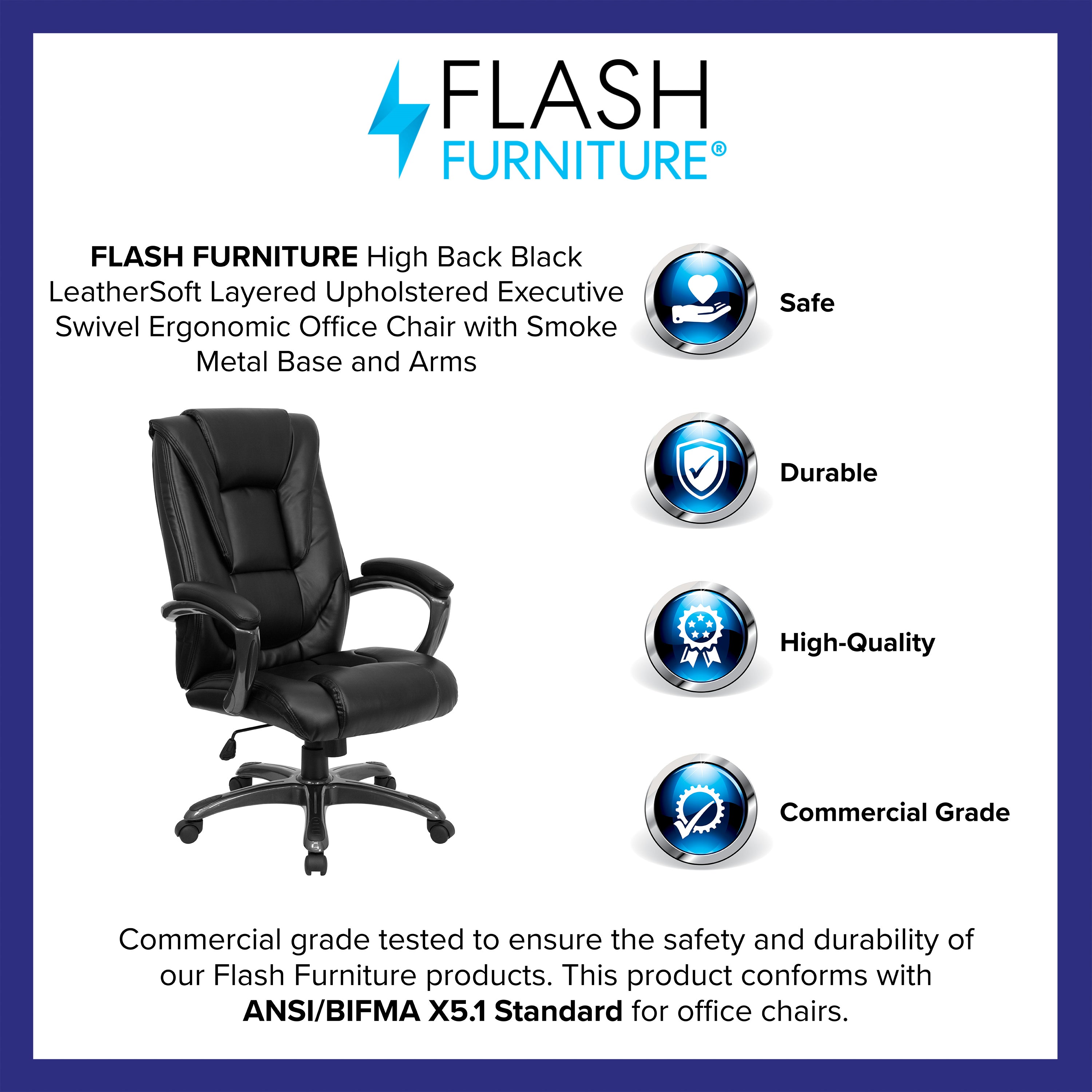 High Back LeatherSoft Layered Upholstered Executive Swivel Ergonomic Office Chair with Smoke Metal Base and Padded Arms