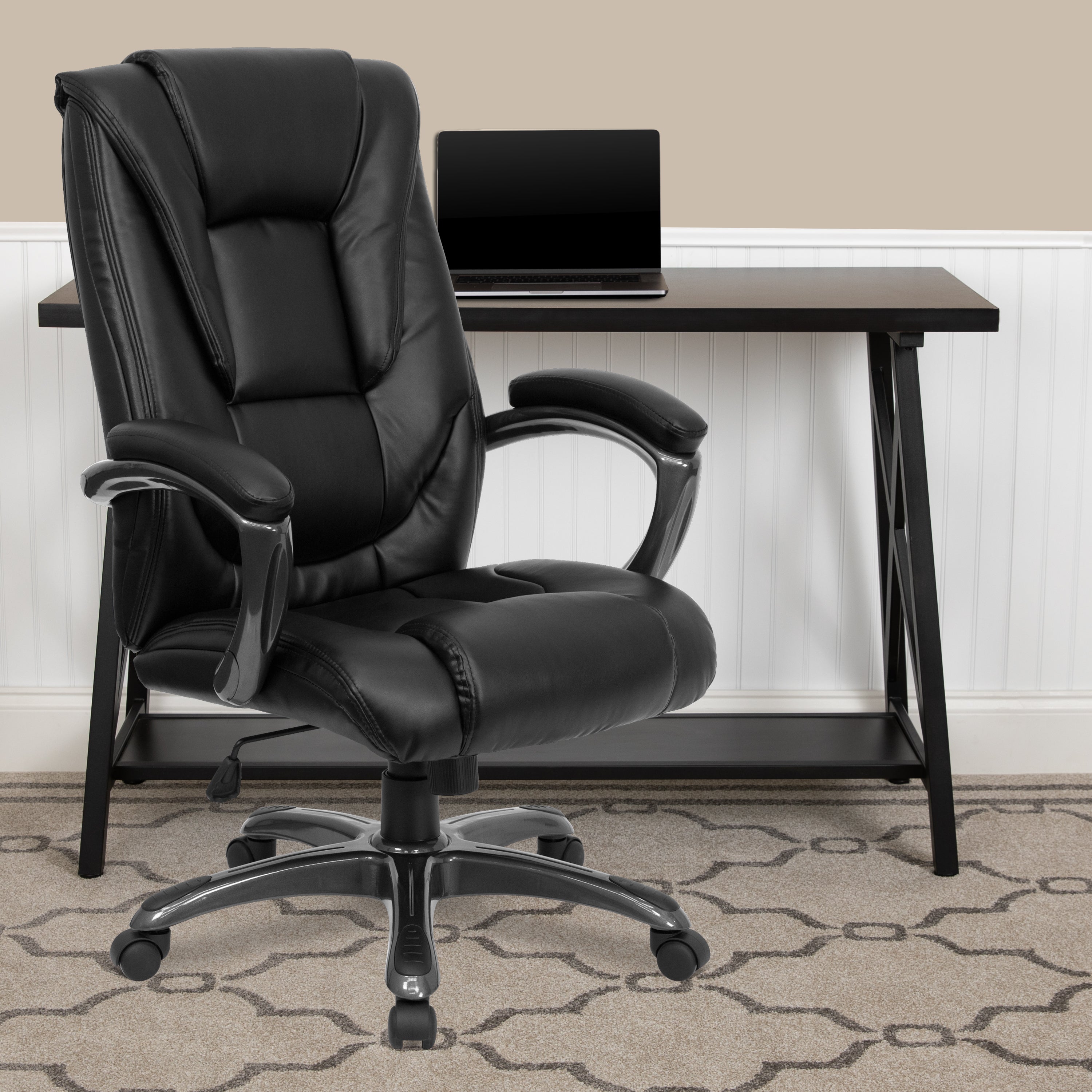 High Back LeatherSoft Layered Upholstered Executive Swivel Ergonomic Office Chair with Smoke Metal Base and Padded Arms-Office Chair-Flash Furniture-Wall2Wall Furnishings