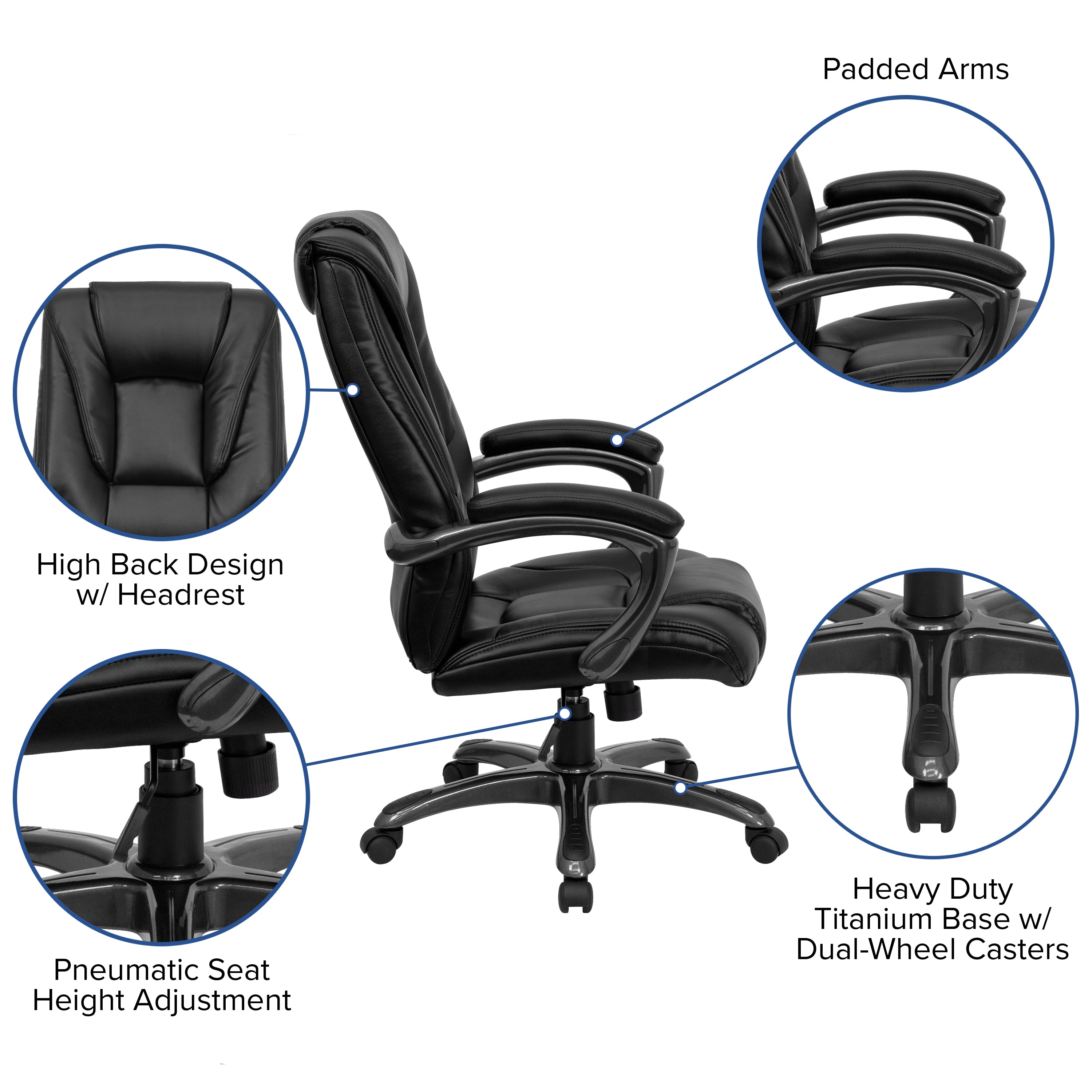 High Back LeatherSoft Layered Upholstered Executive Swivel Ergonomic Office Chair with Smoke Metal Base and Padded Arms