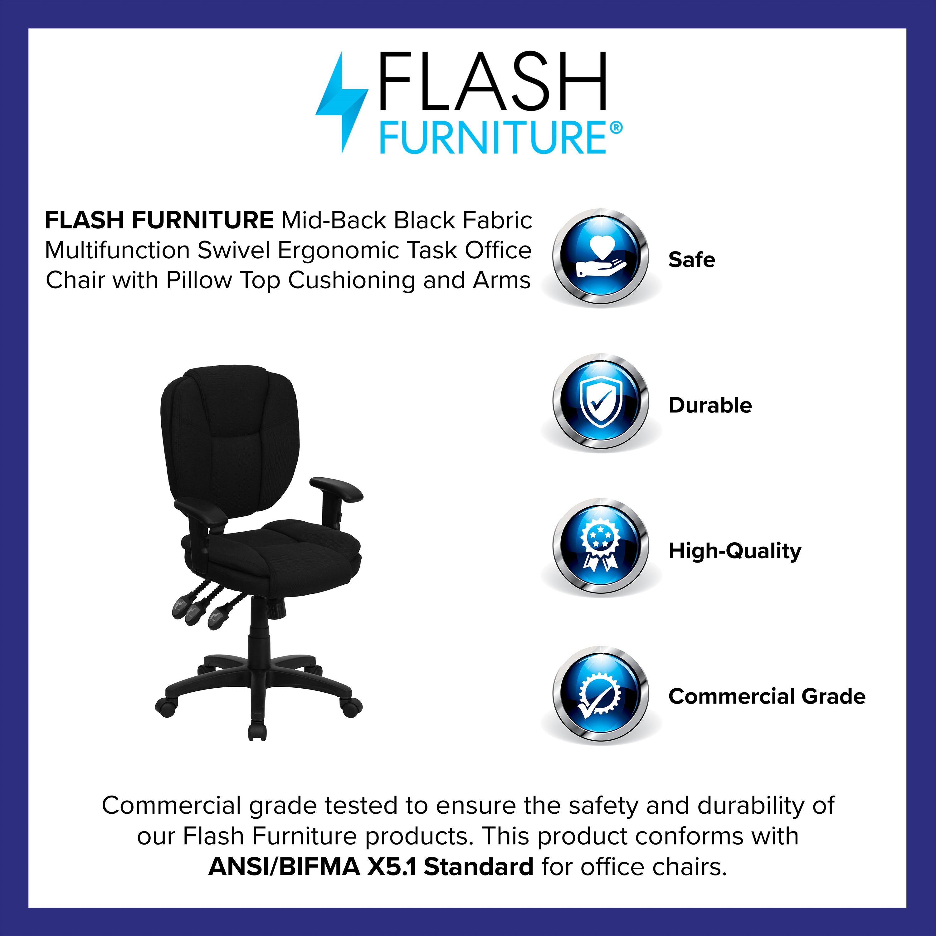 Mid-Back Multifunction Swivel Ergonomic Task Office Chair with Pillow Top Cushioning and Adjustable Arms