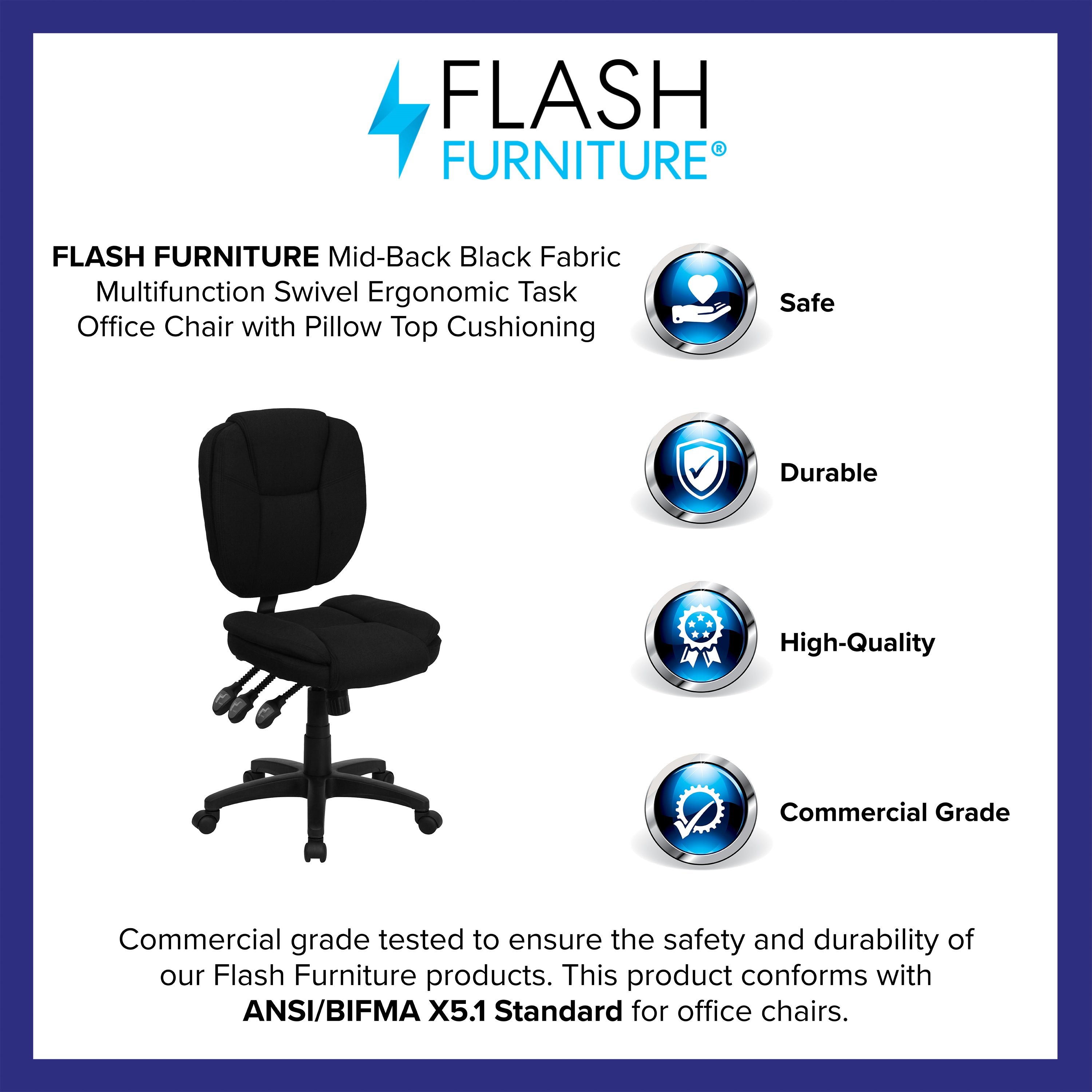 Mid-Back Multifunction Swivel Ergonomic Task Office Chair with Pillow Top Cushioning