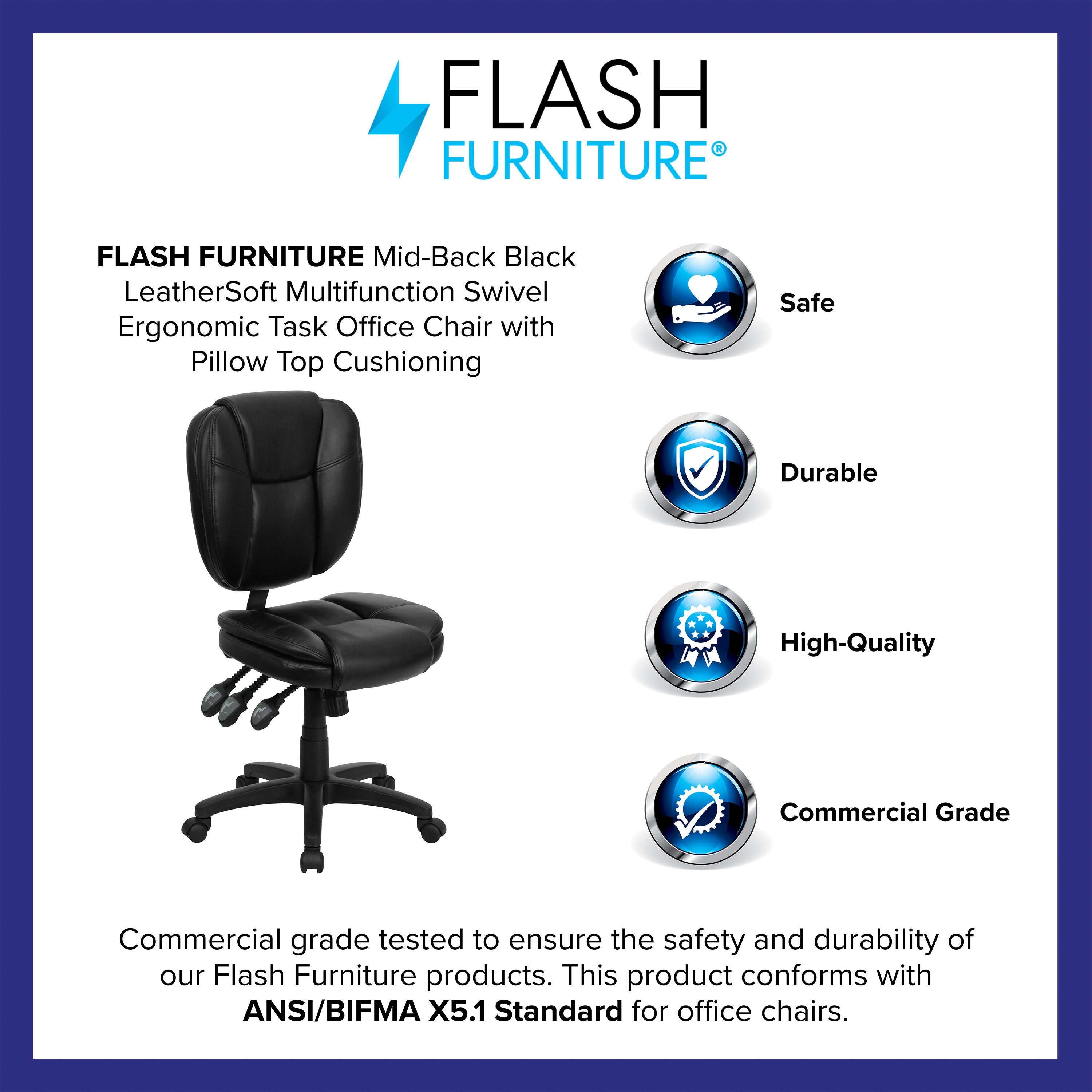 Mid-Back Multifunction Swivel Ergonomic Task Office Chair with Pillow Top Cushioning