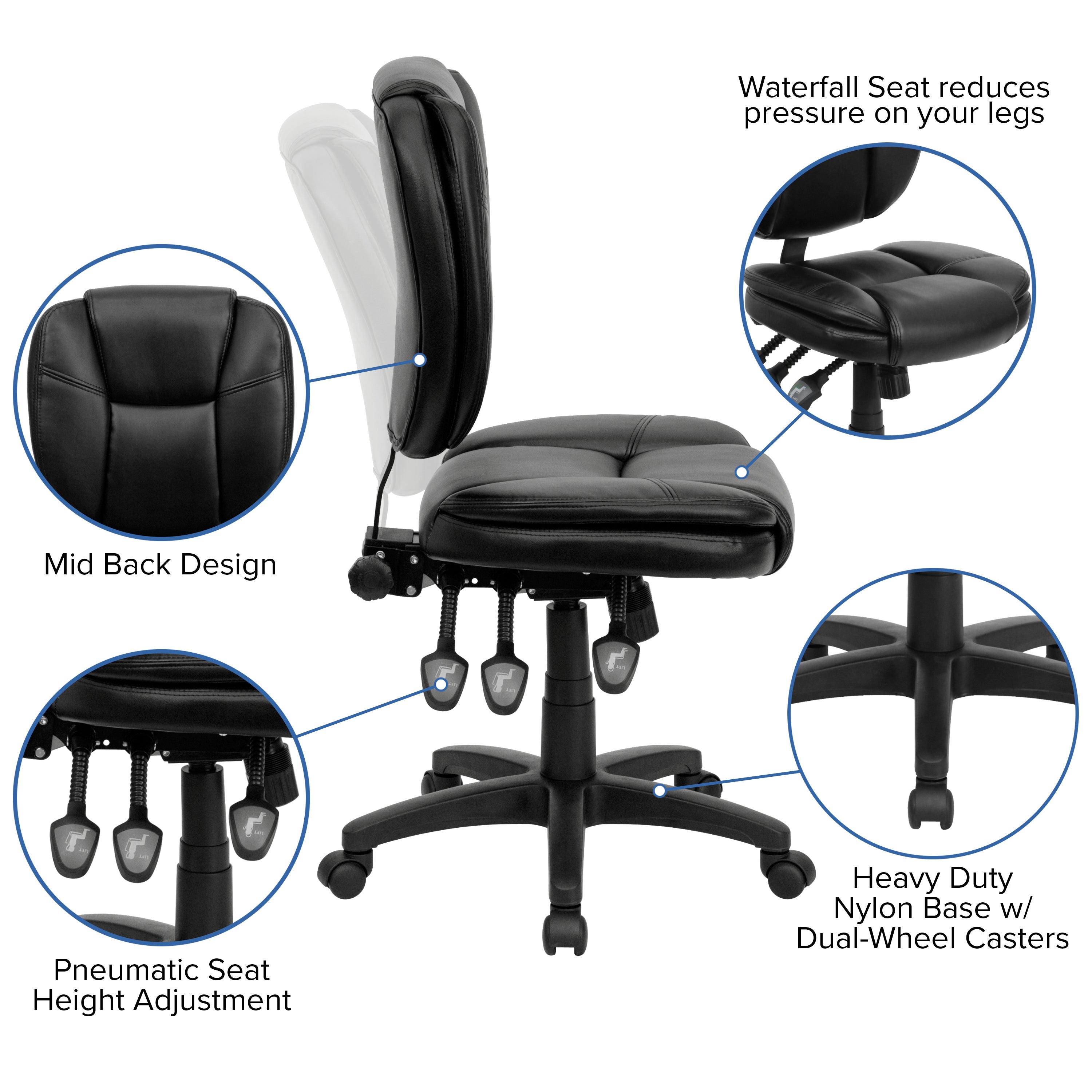 Mid-Back Multifunction Swivel Ergonomic Task Office Chair with Pillow Top Cushioning