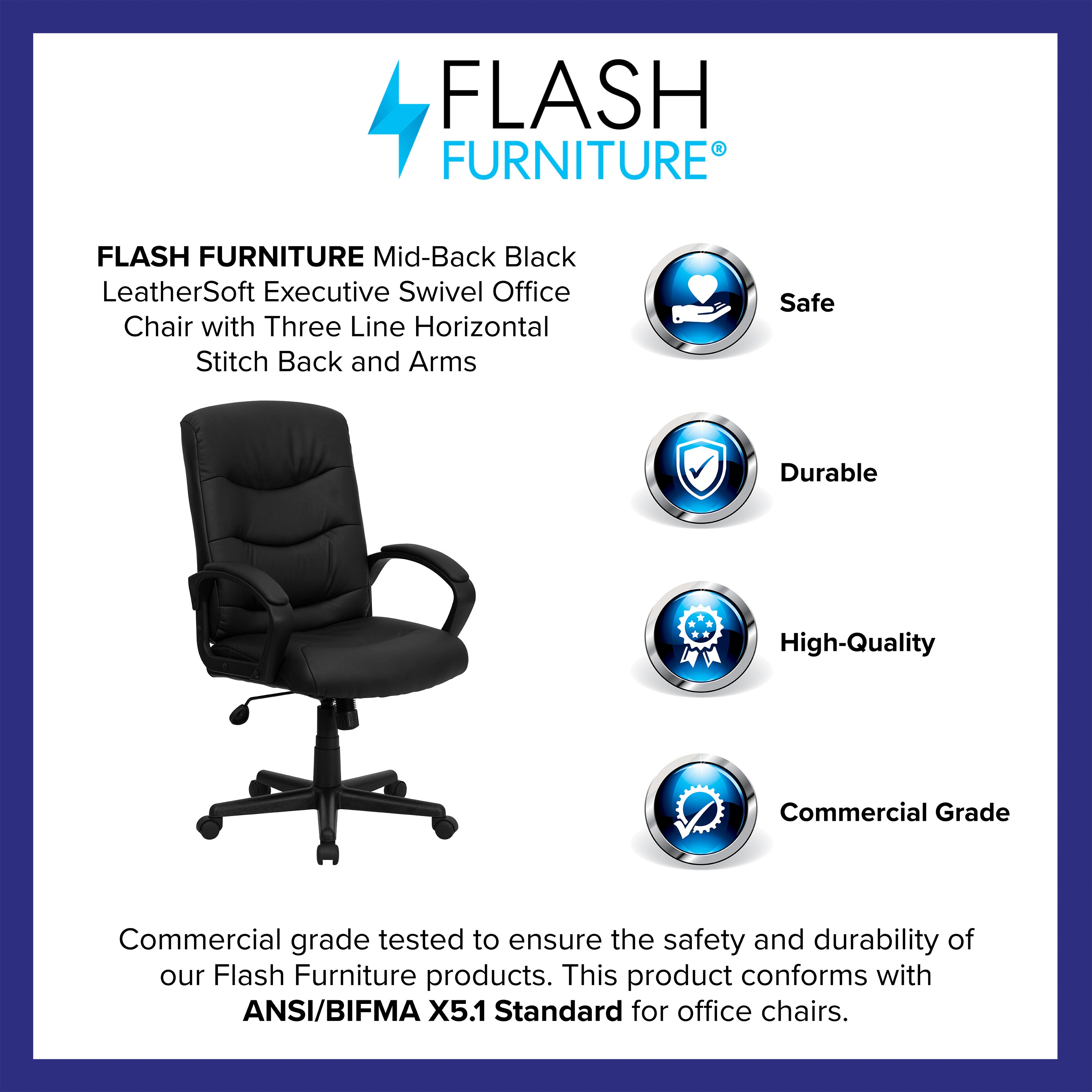 Mid-Back Fabric Executive Swivel Office Chair with Three Line Horizontal Stitch Back and Arms
