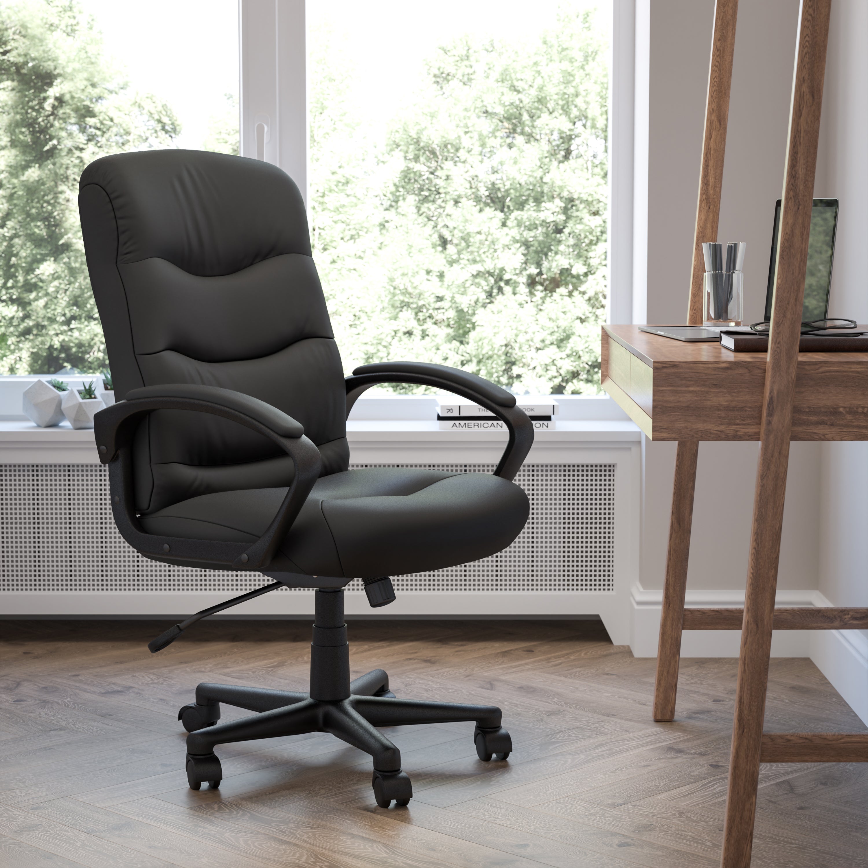 Mid-Back Fabric Executive Swivel Office Chair with Three Line Horizontal Stitch Back and Arms