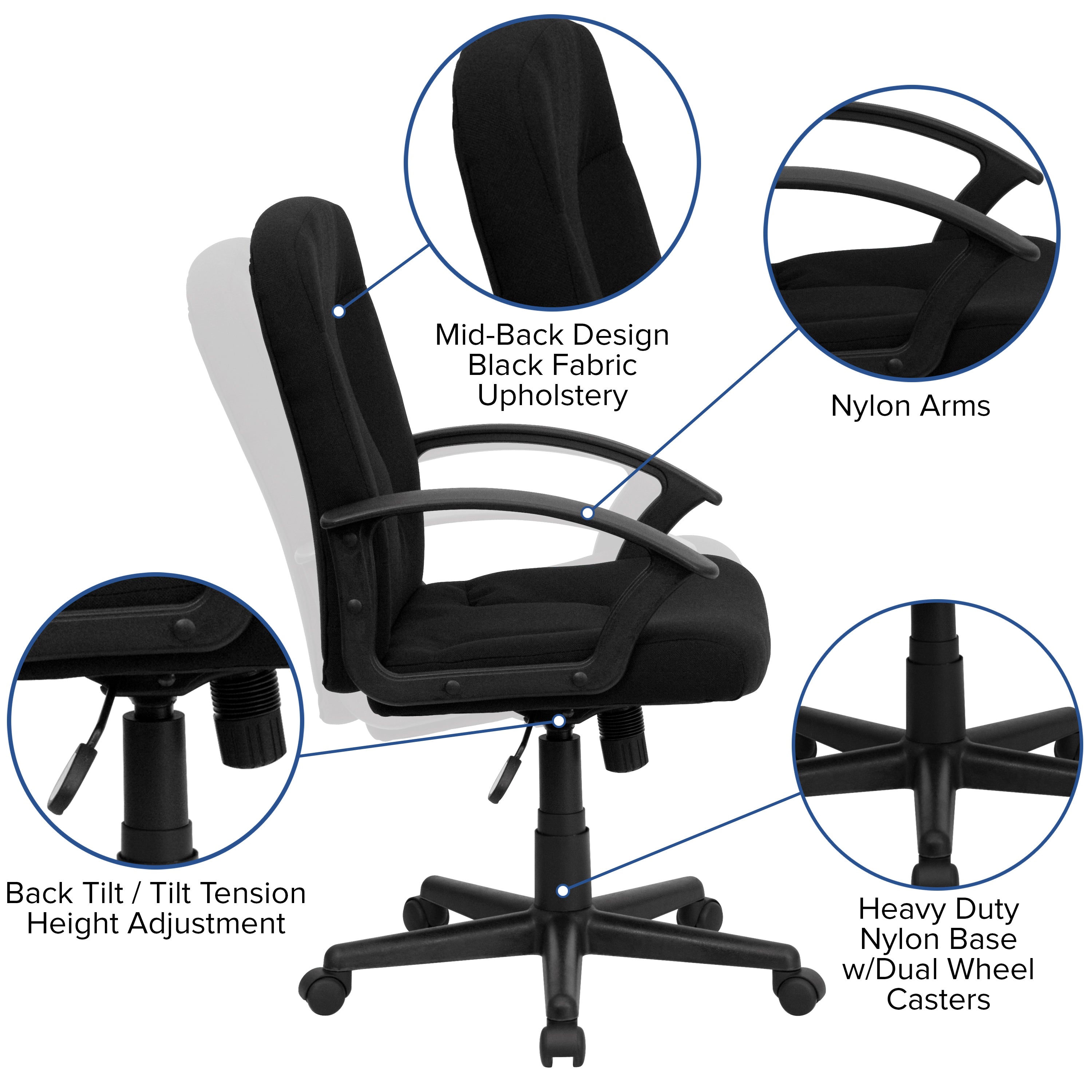 Mid-Back Fabric Executive Swivel Office Chair with Nylon Arms