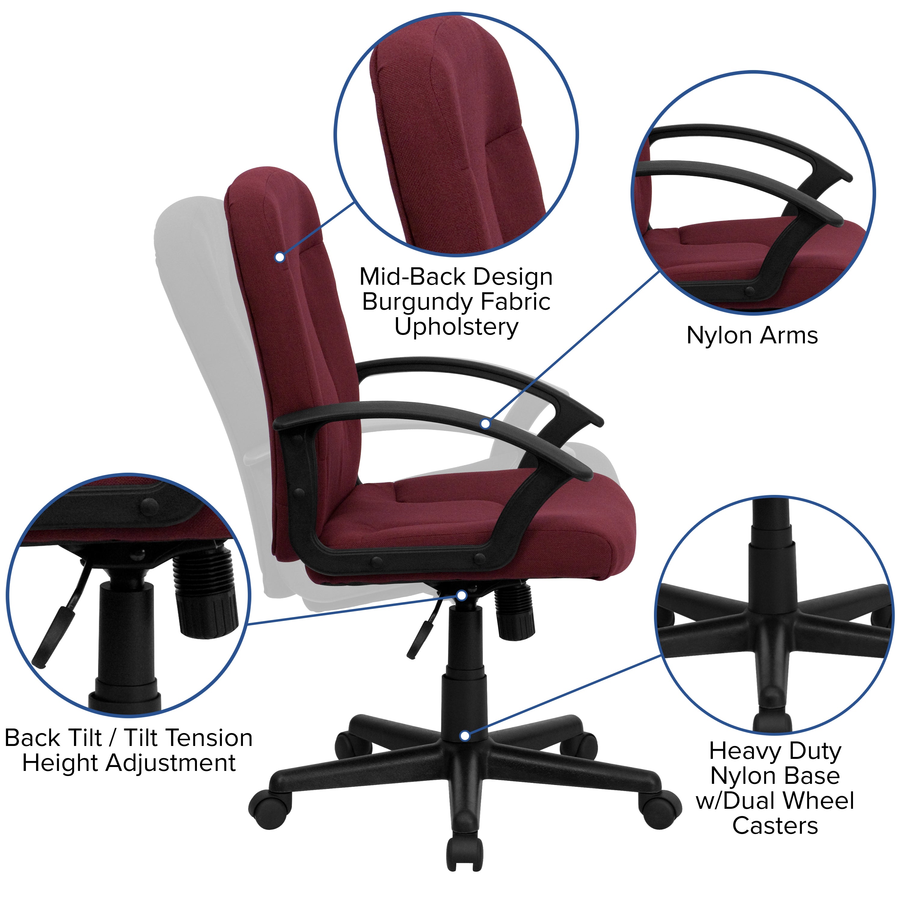 Mid-Back Fabric Executive Swivel Office Chair with Nylon Arms