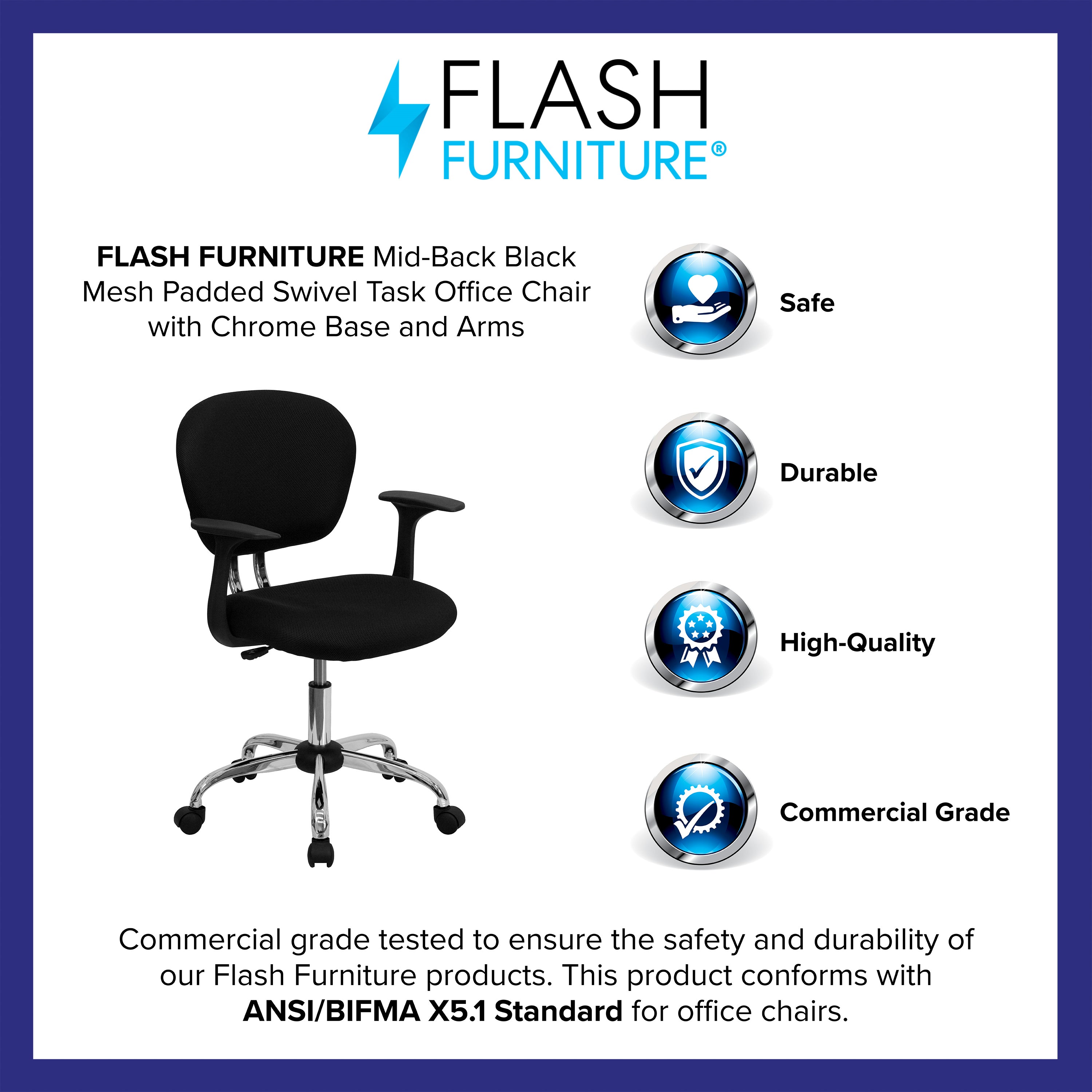 Mid-Back Mesh Padded Swivel Task Office Chair with Chrome Base and Arms