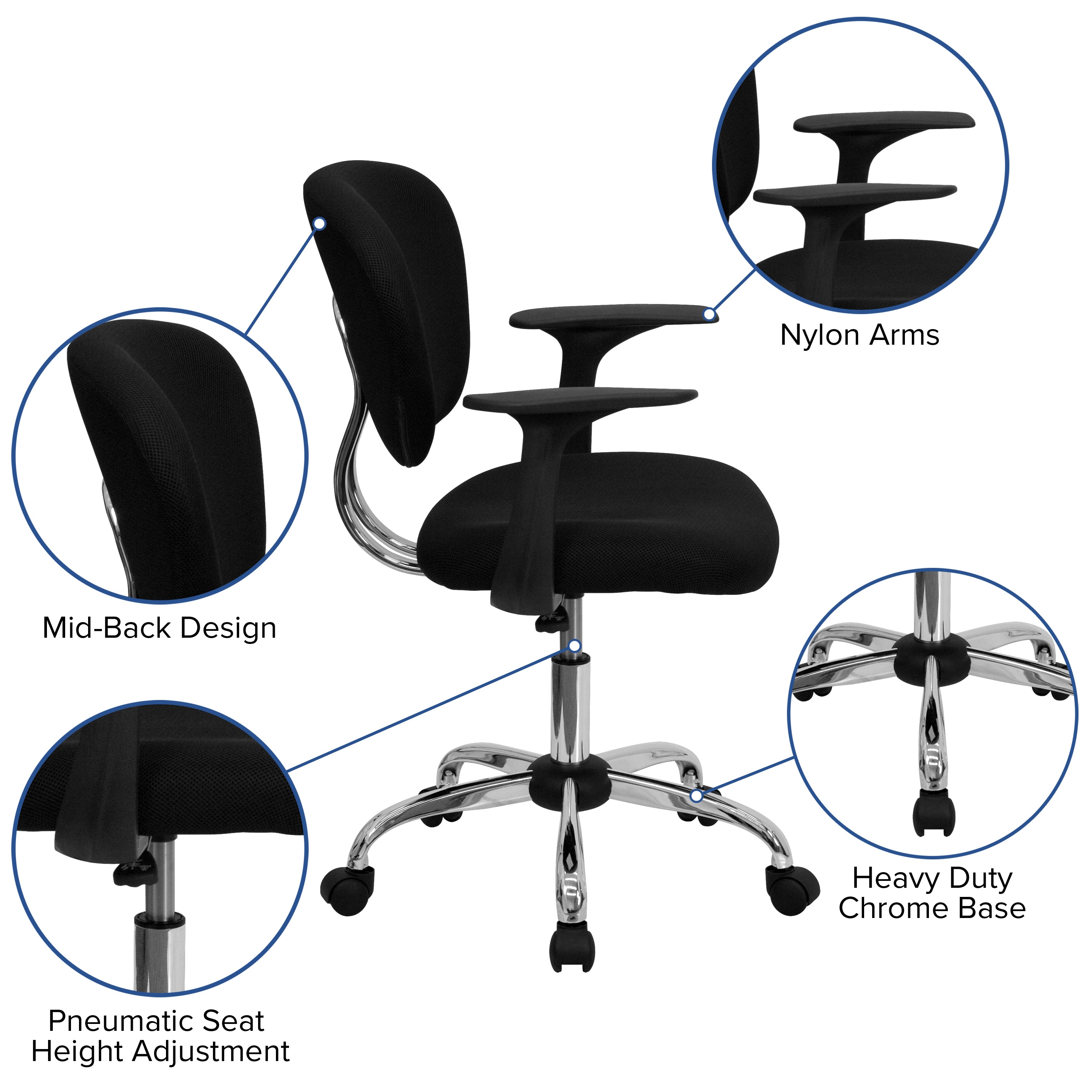 Mid-Back Mesh Padded Swivel Task Office Chair with Chrome Base and Arms
