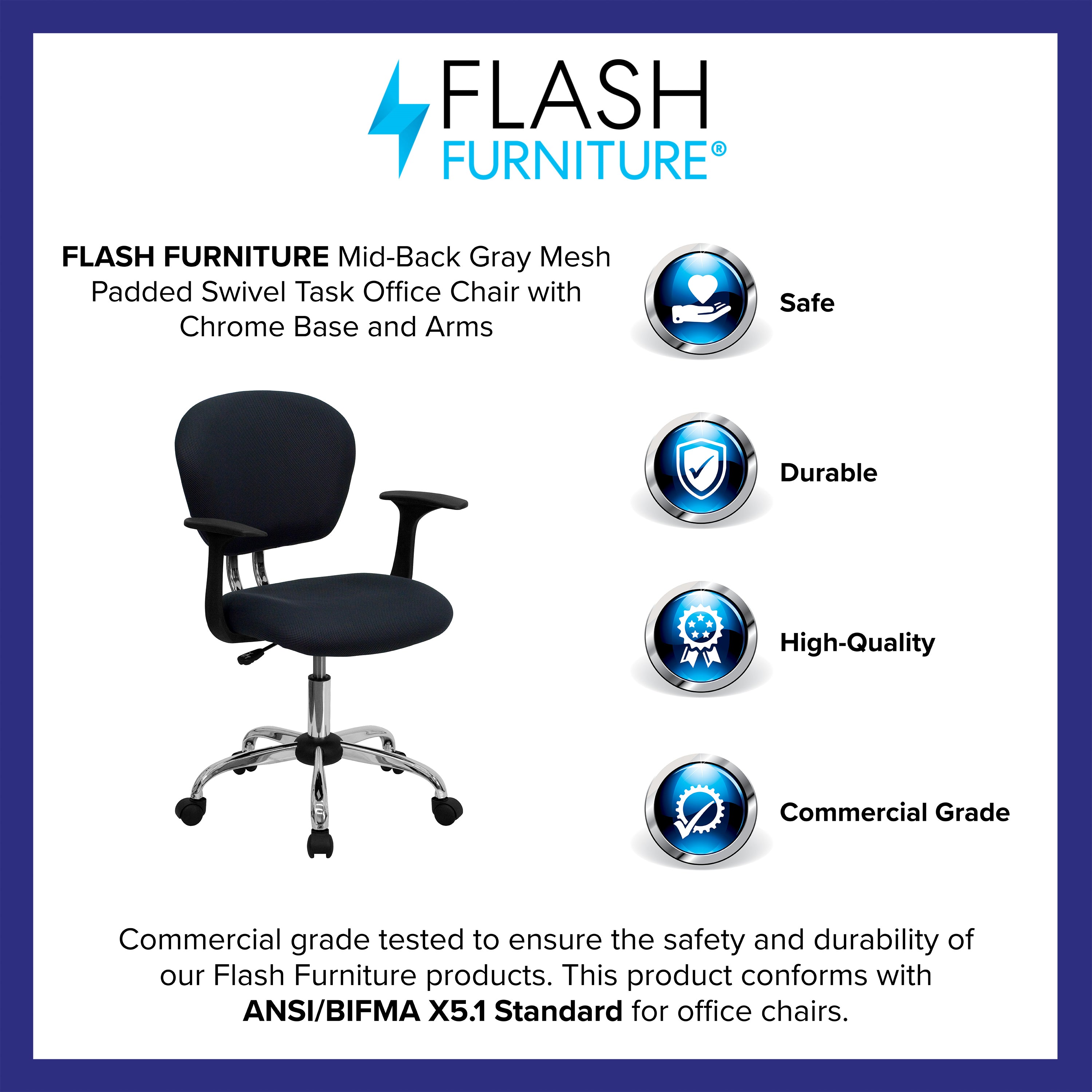 Mid-Back Mesh Padded Swivel Task Office Chair with Chrome Base and Arms