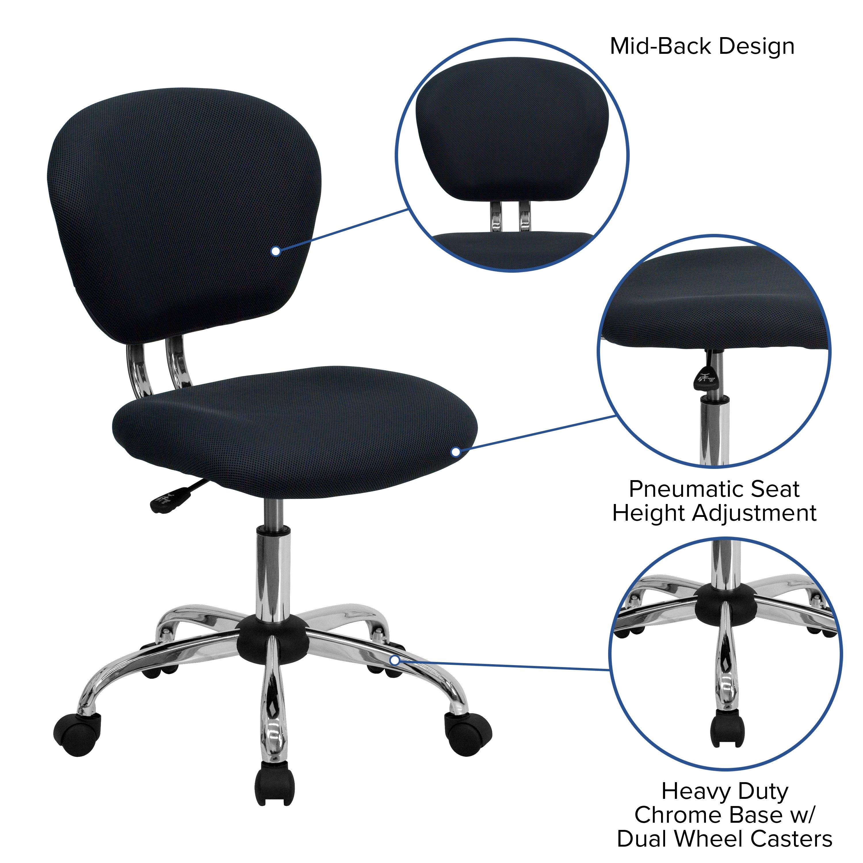Mid-Back Mesh Padded Swivel Task Office Chair with Chrome Base