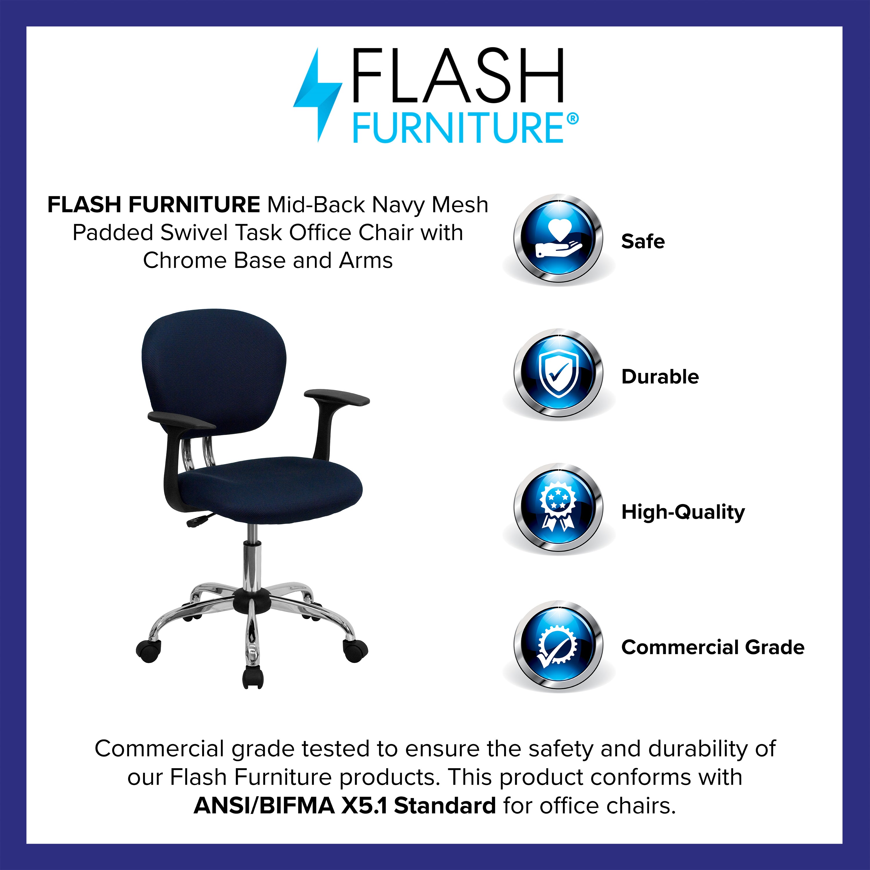 Mid-Back Mesh Padded Swivel Task Office Chair with Chrome Base and Arms