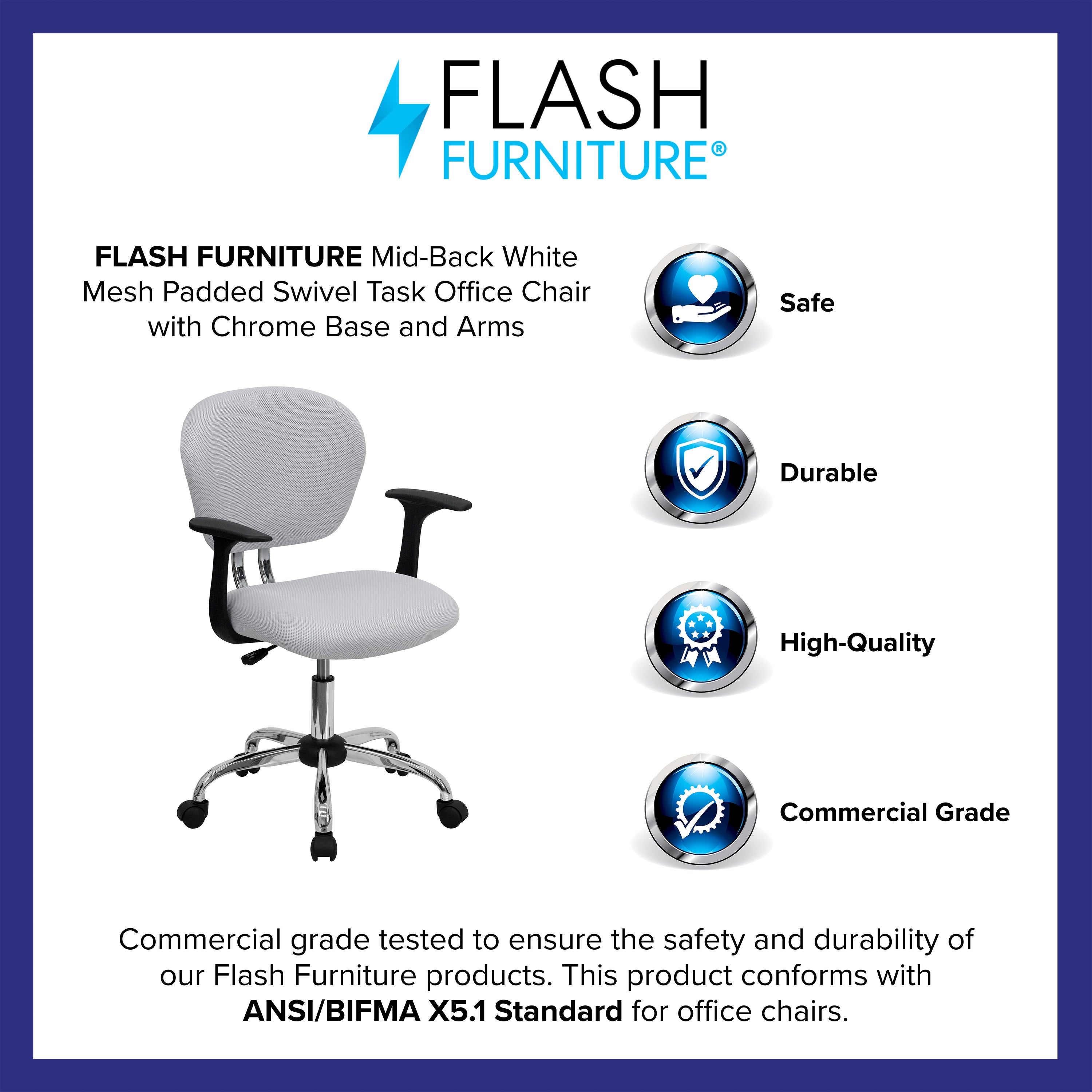 Mid-Back Mesh Padded Swivel Task Office Chair with Chrome Base and Arms