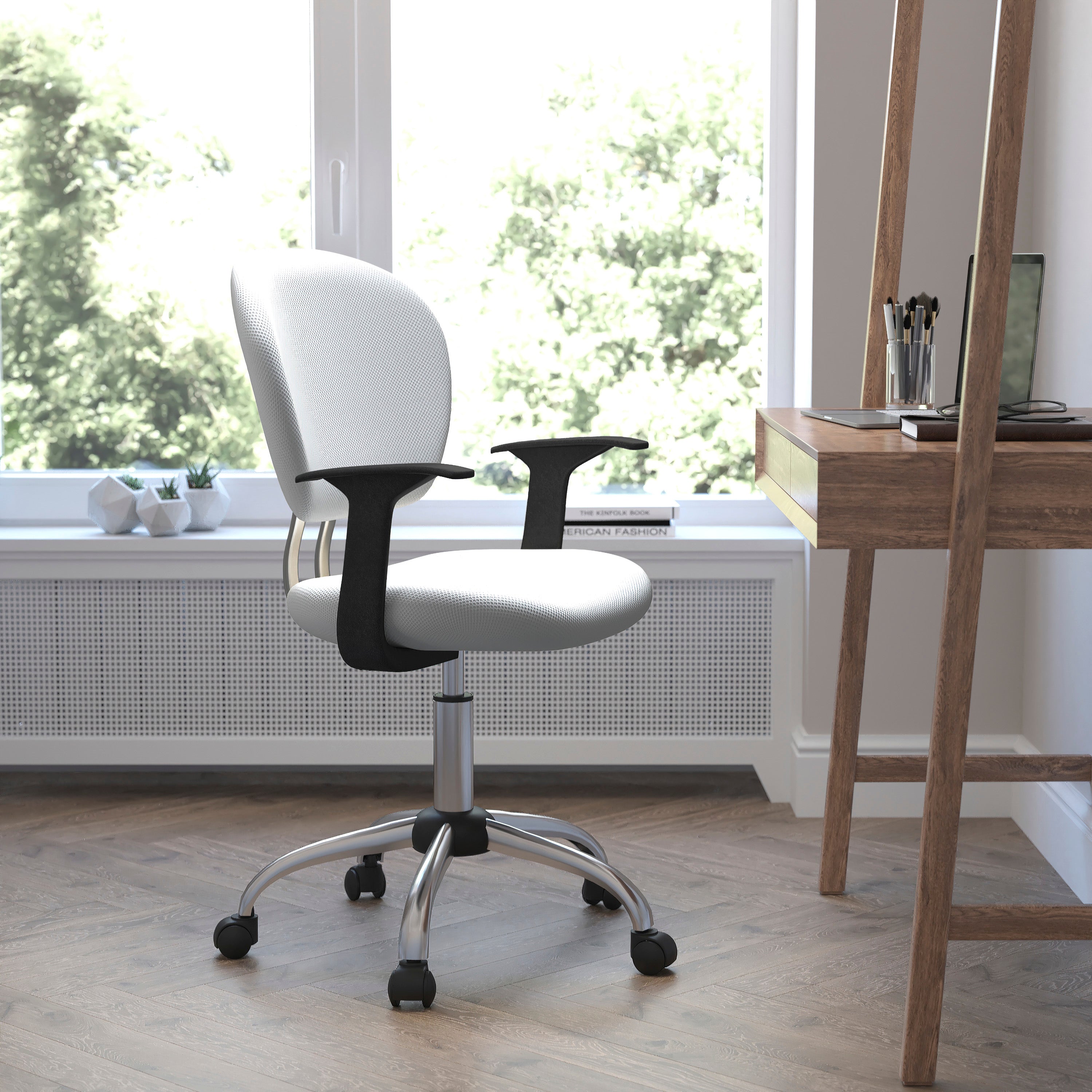 Mid-Back Mesh Padded Swivel Task Office Chair with Chrome Base and Arms