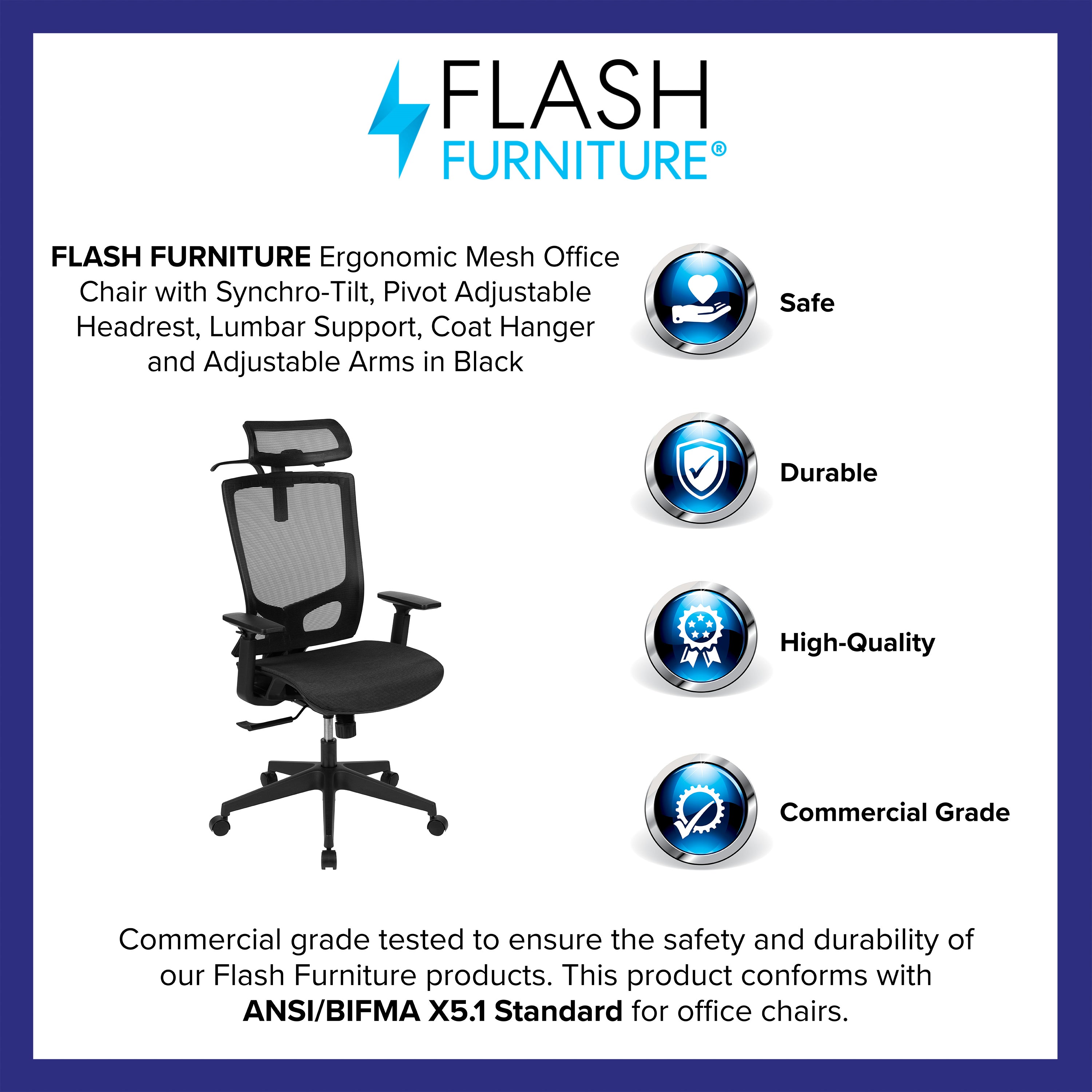 Ergonomic Mesh Office Chair with Synchro-Tilt, Pivot Adjustable Headrest, Lumbar Support, Coat Hanger and Adjustable Arms