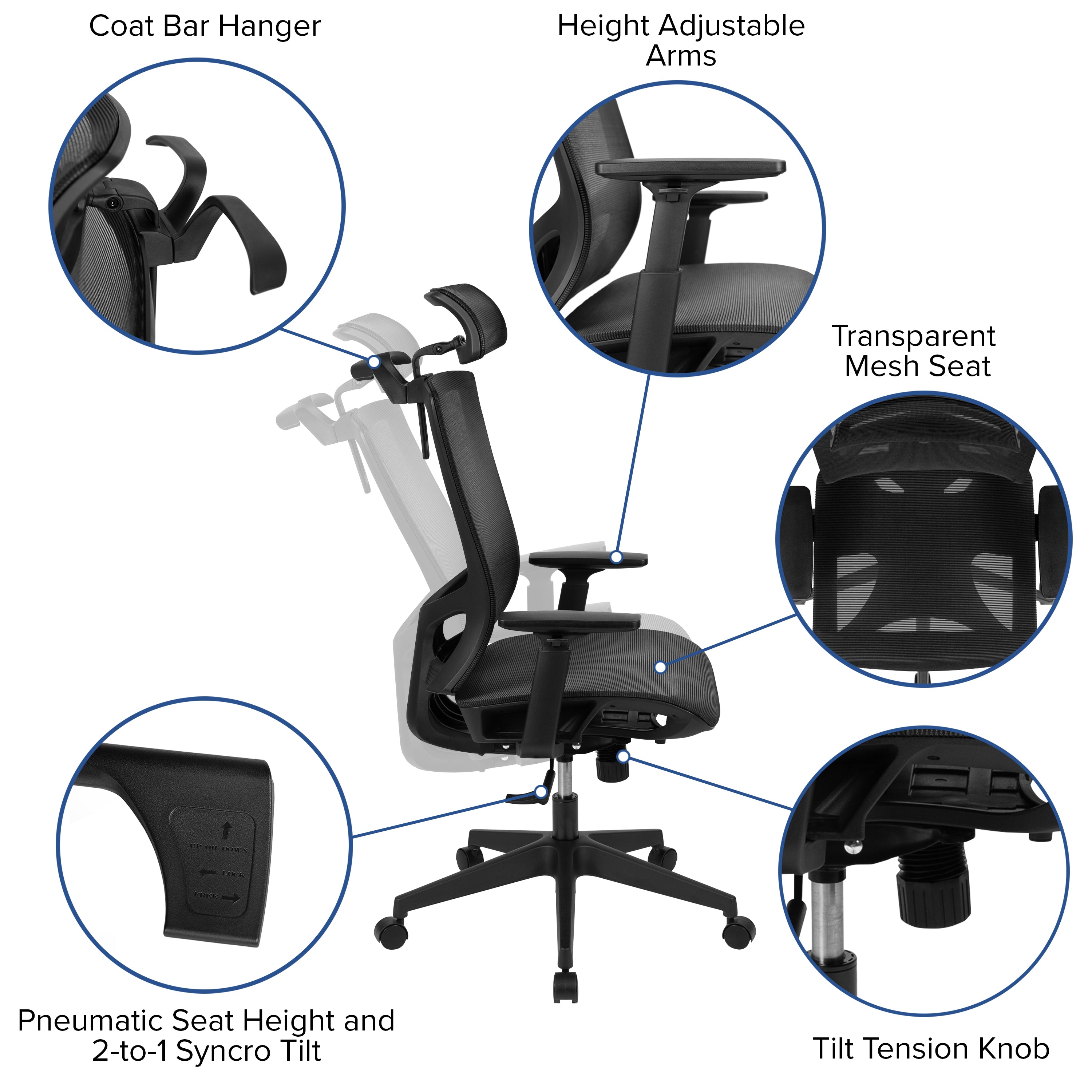 Ergonomic Mesh Office Chair with Synchro-Tilt, Pivot Adjustable Headrest, Lumbar Support, Coat Hanger and Adjustable Arms