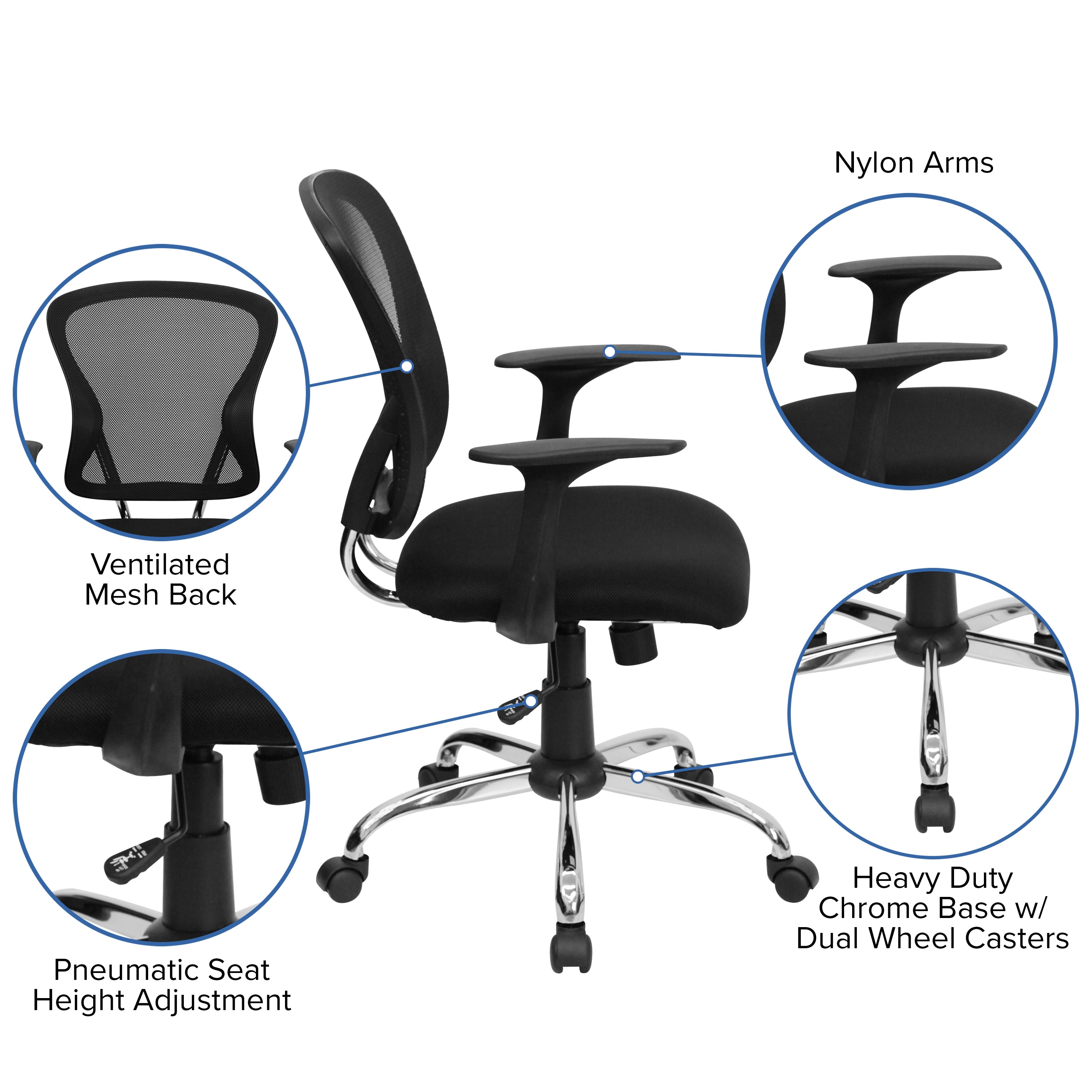 Mid-Back Mesh Swivel Task Office Chair with Chrome Base and Arms