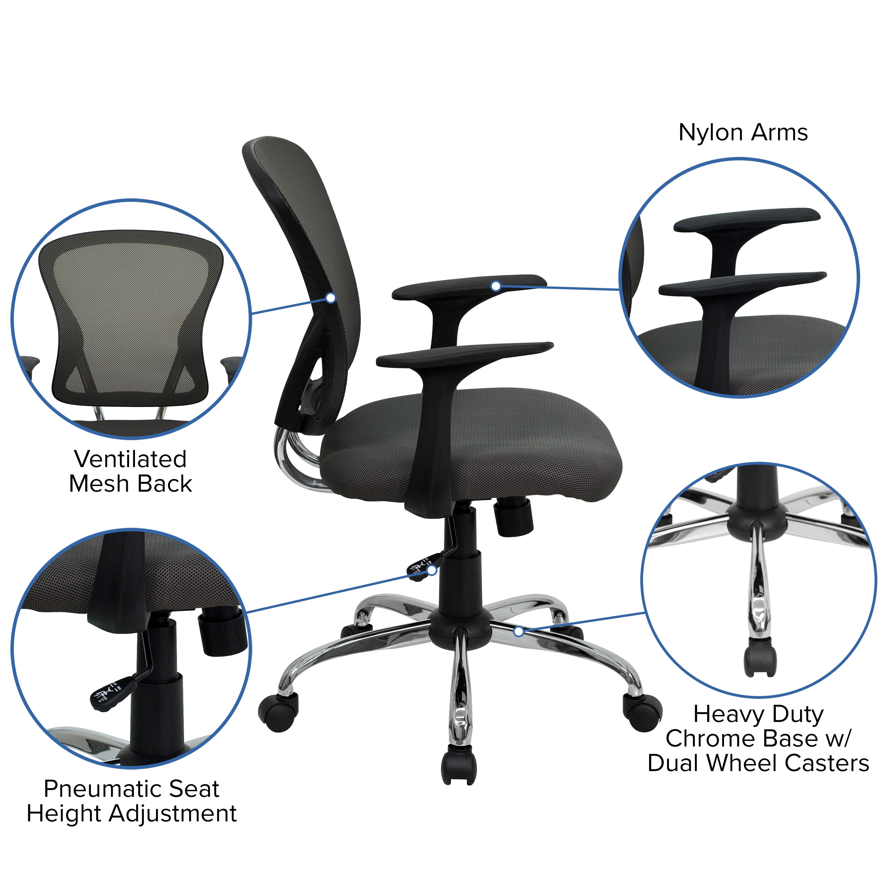 Mid-Back Mesh Swivel Task Office Chair with Chrome Base and Arms