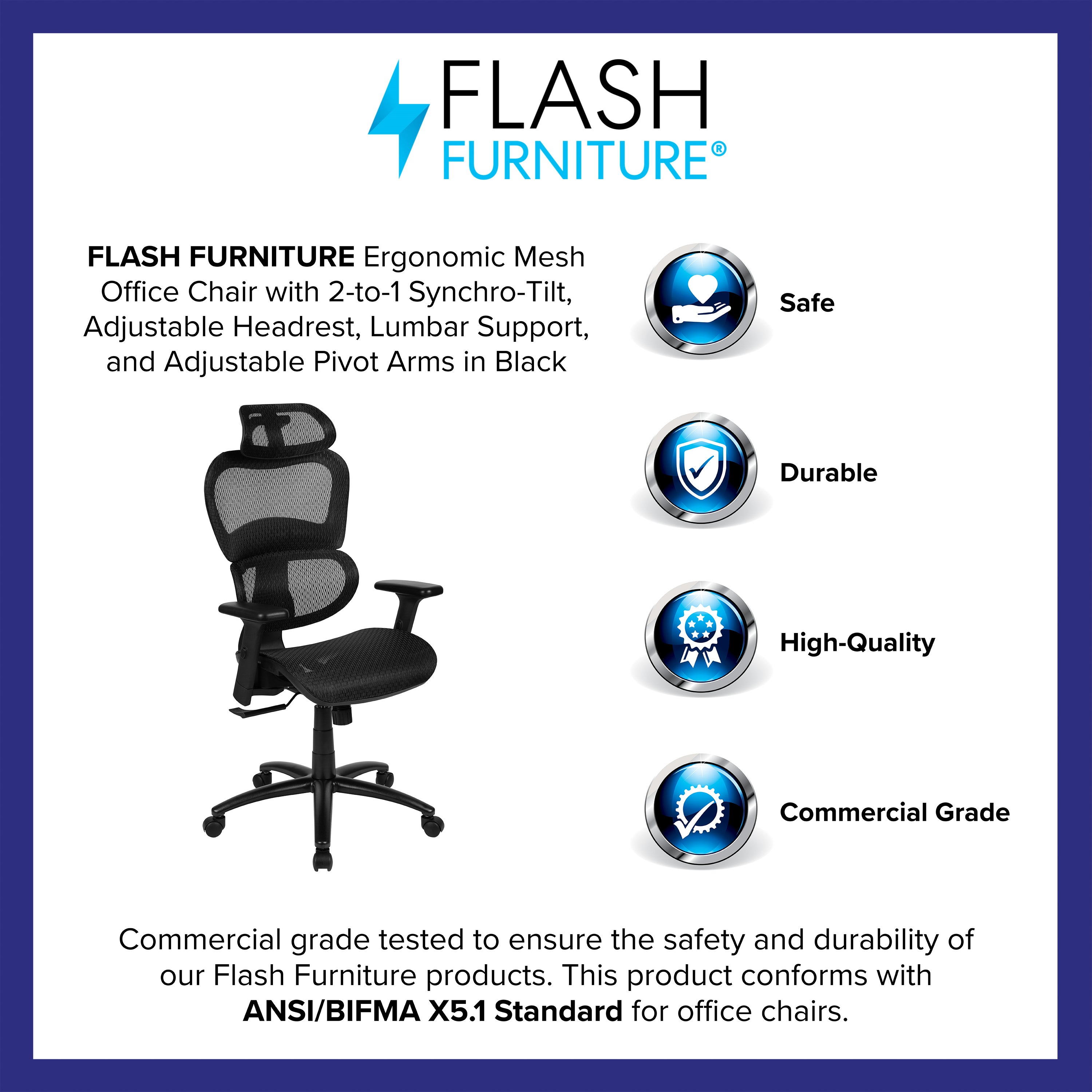 Ergonomic Mesh Office Chair with 2-to-1 Synchro-Tilt, Adjustable Headrest, Lumbar Support, and Adjustable Pivot Arms
