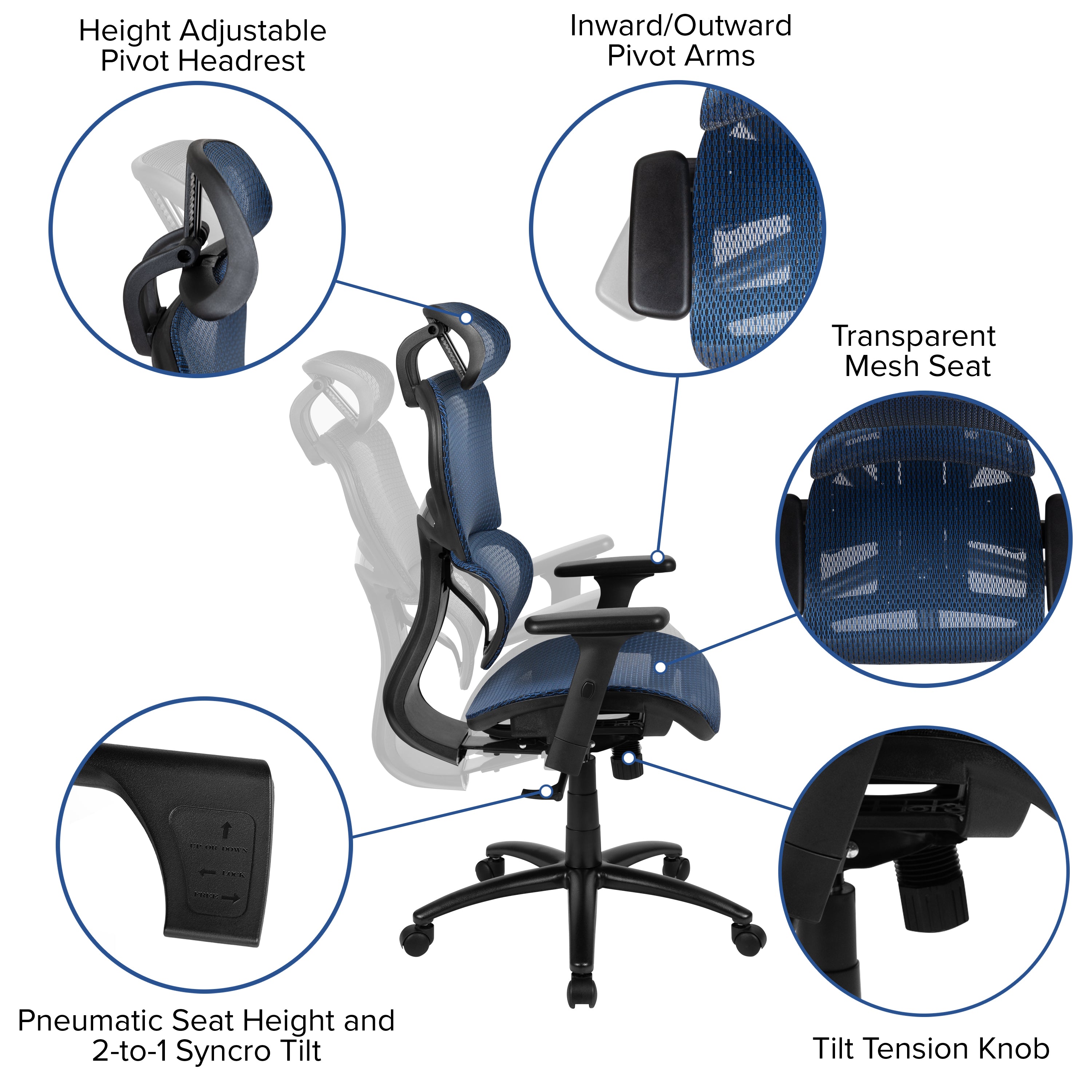 Ergonomic Mesh Office Chair with 2-to-1 Synchro-Tilt, Adjustable Headrest, Lumbar Support, and Adjustable Pivot Arms