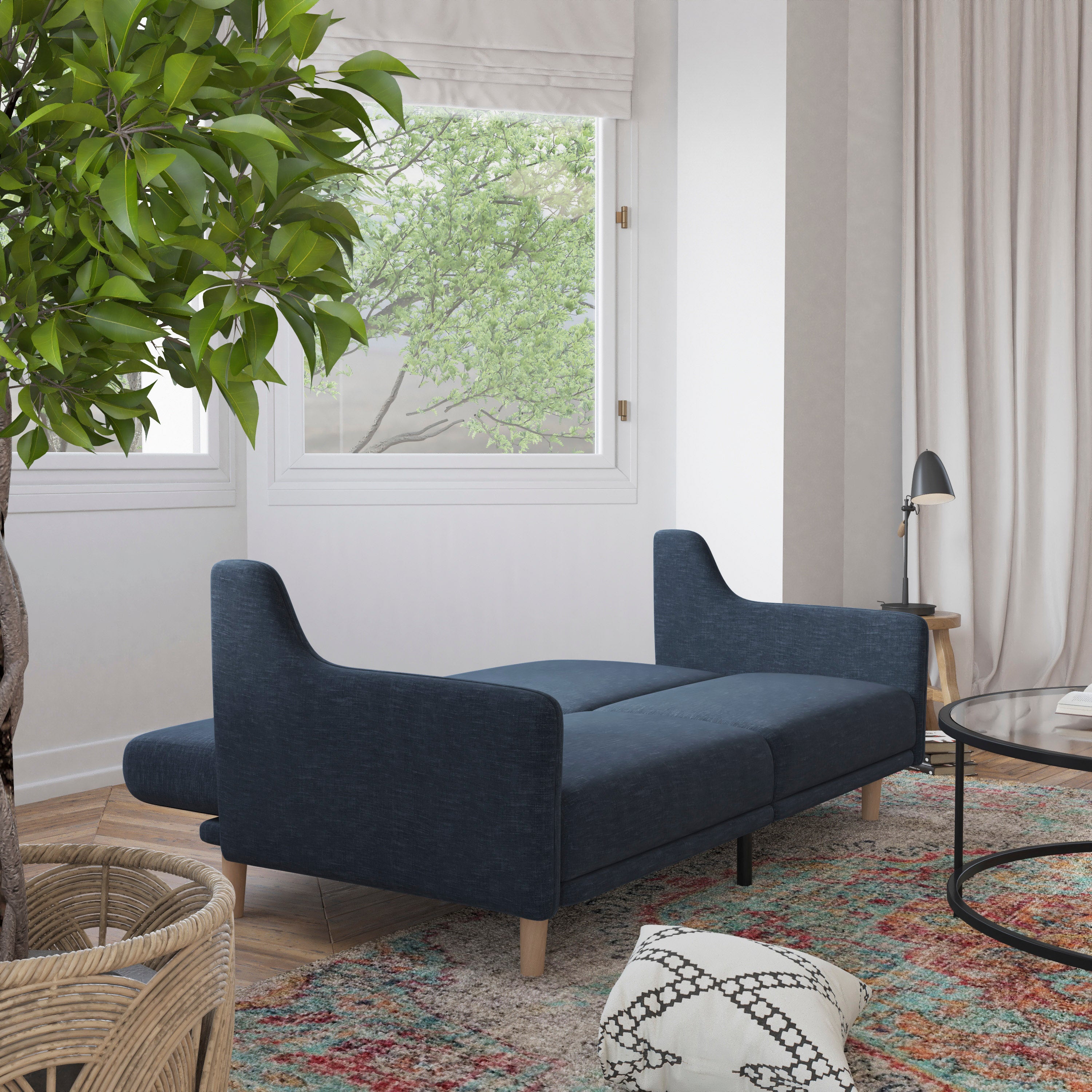 Delphine Premium Convertible Split Back Sofa Futon with Curved Armrests and Solid Wood Legs