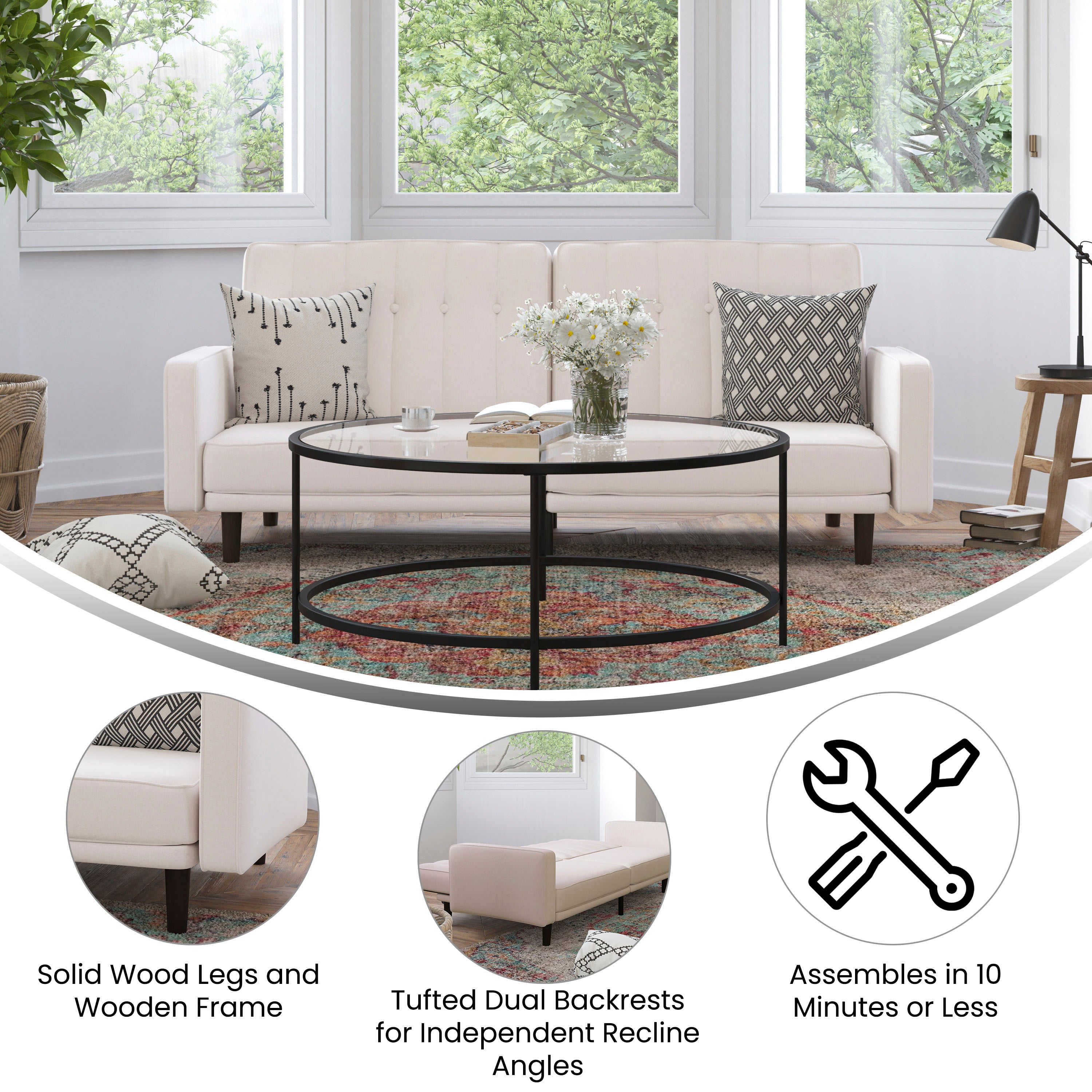 Carter Premium Tufted Split Back Sofa Futon, Convertible Sleeper Couch for Small Spaces with Solid Wooden Legs