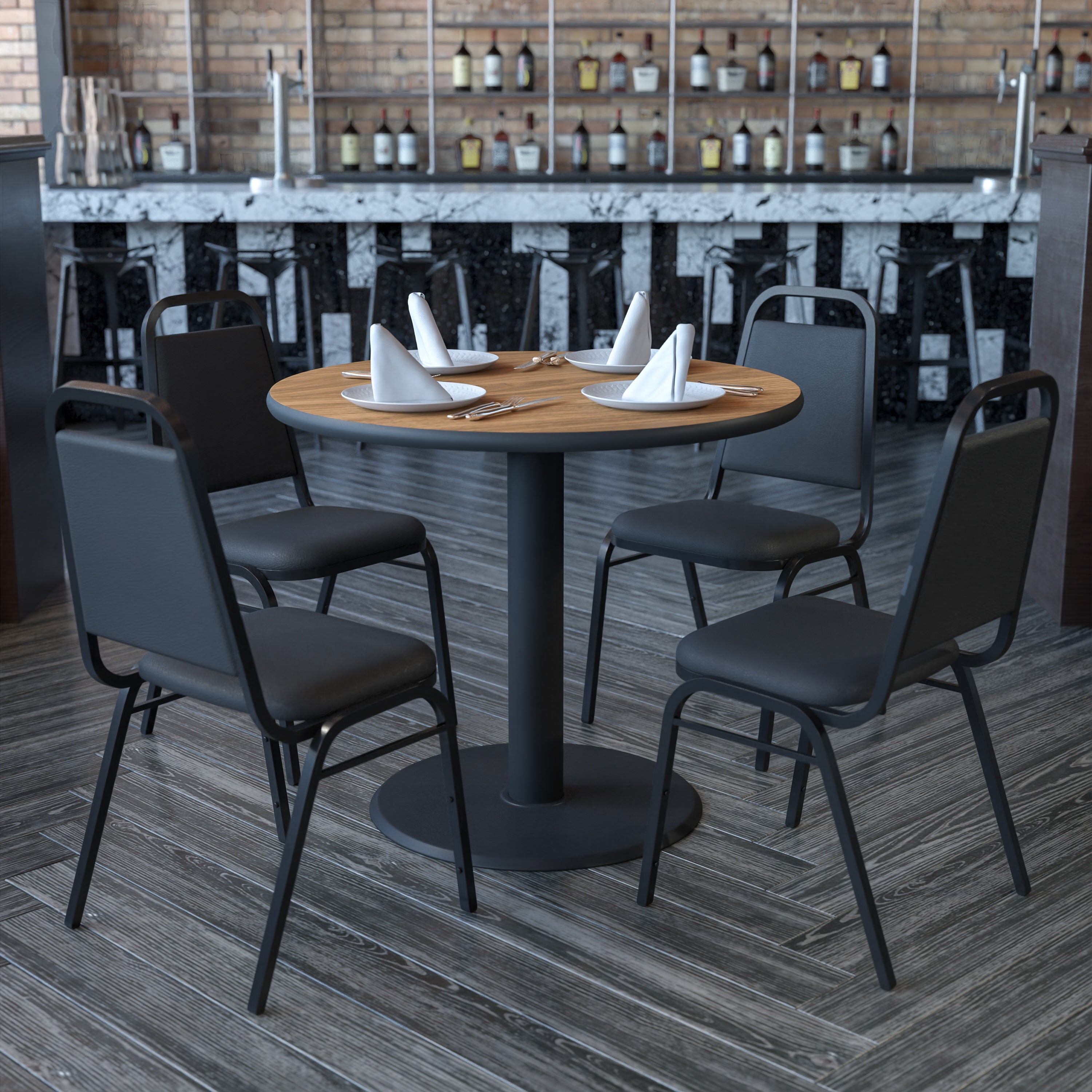 36'' Round Laminate Table Set with X-Base and 4 Trapezoidal Back Banquet Chairs-Laminate Restaurant Table and Chair Set-Flash Furniture-Wall2Wall Furnishings