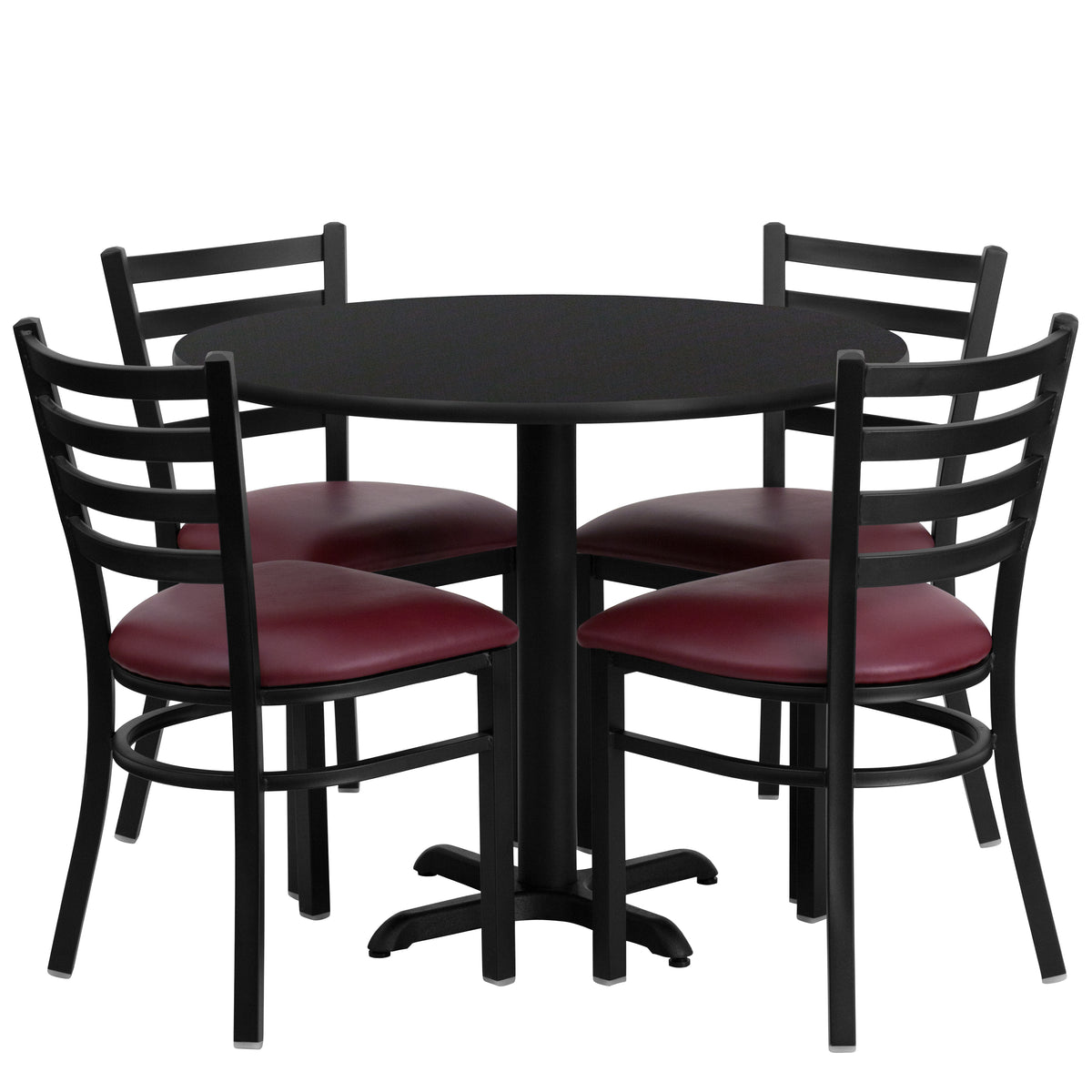 36'' Round Laminate Table Set with X-Base and 4 Ladder Back Metal Chairs