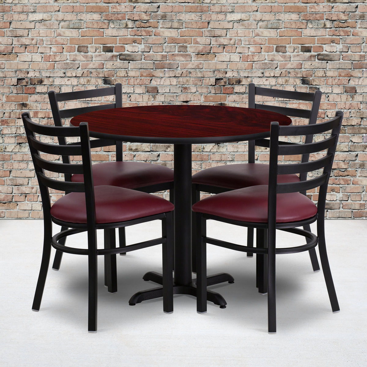 36'' Round Laminate Table Set with X-Base and 4 Ladder Back Metal Chairs